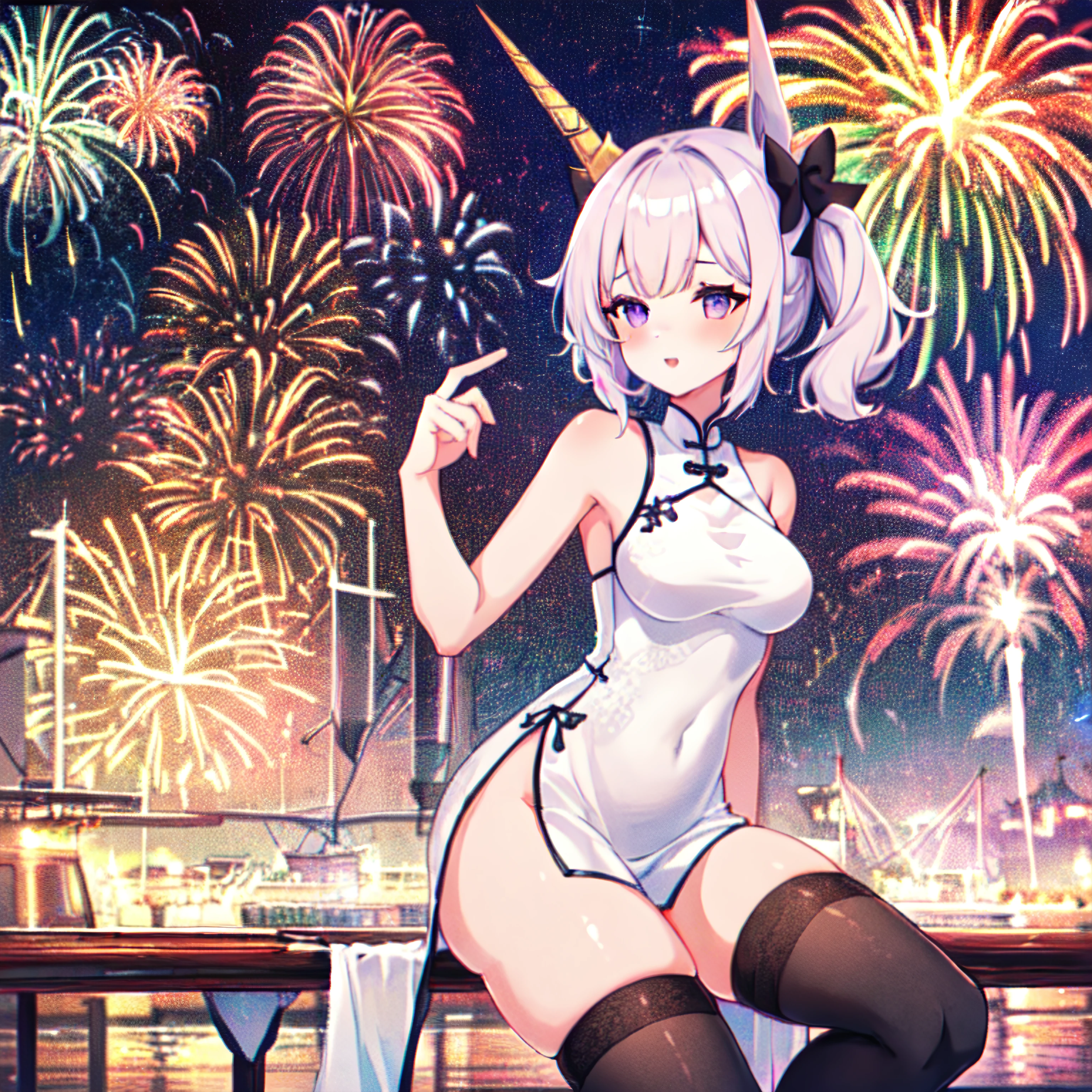 best quality, absurdres, pastel colors,
fireworks, port,
1girl, unicorn_\(azur_lane\), white china_dress, light pink hair, purple eyes, black hair_bow, whie thighhighs, bare_shoulders, 