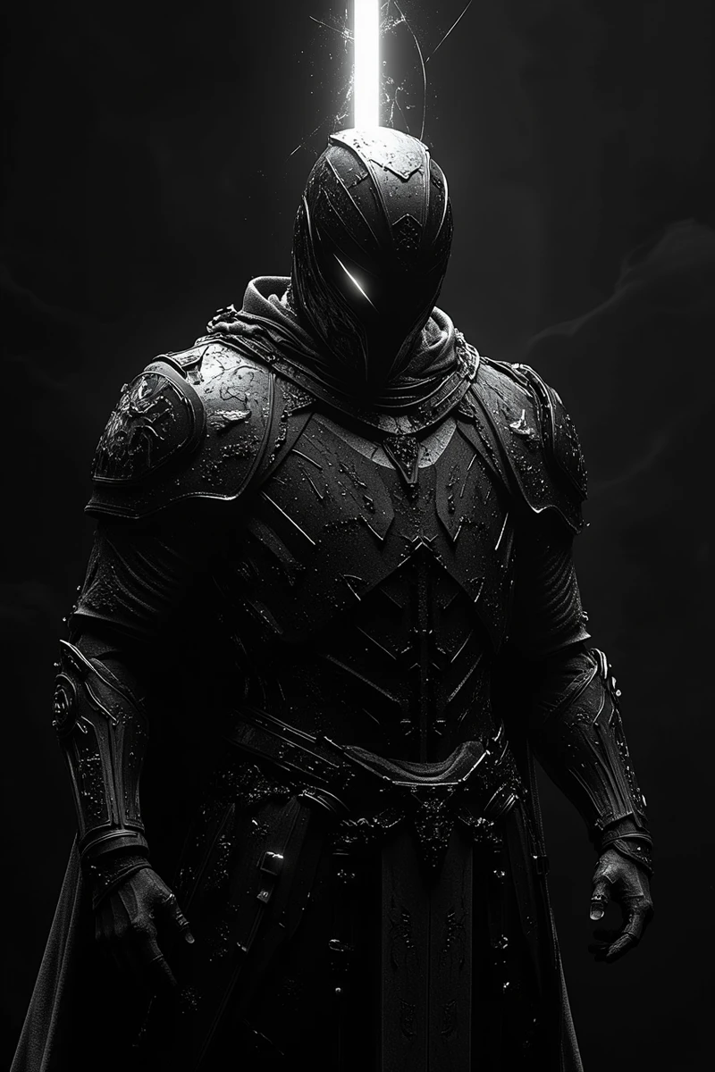 fg,A heavily armored knight with reflective surfaces on their dark armor, standing defiantly against the void. A single beam of light breaks through the darkness, illuminating their determined expression and highlighting the intricate patterns etched into their armor, creating a sense of readiness for battle.