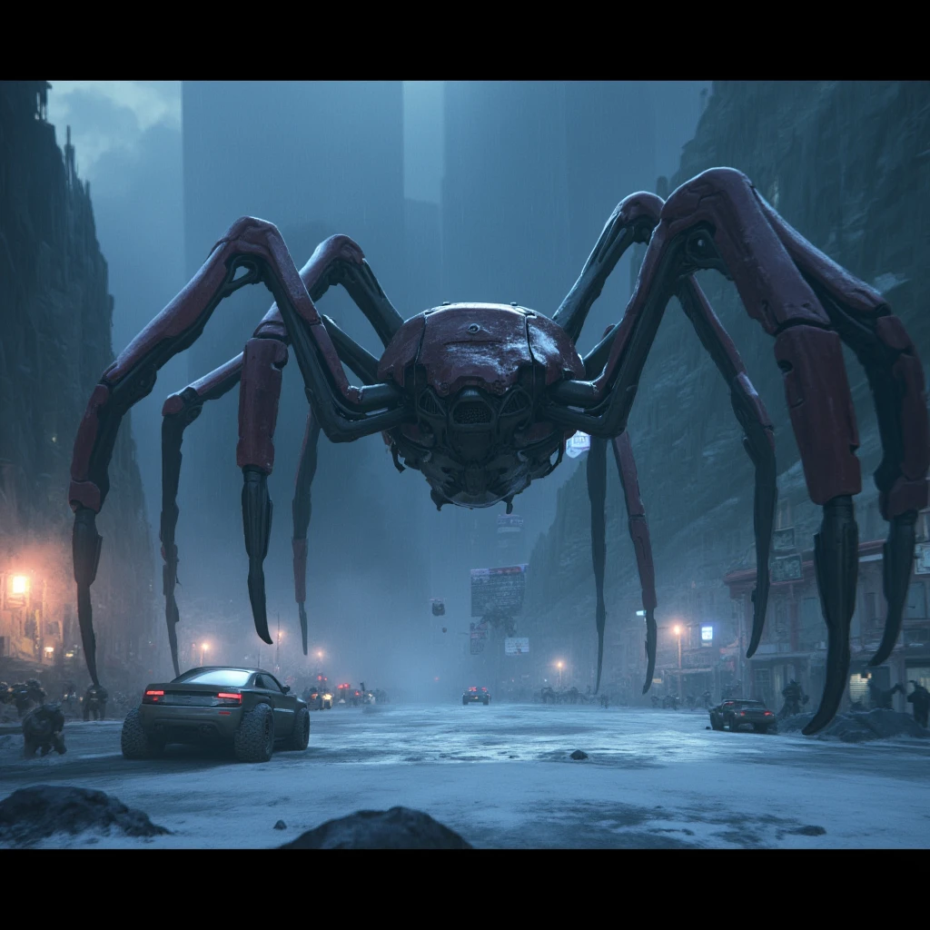 cinematic film still of  <lora:2600 - Halo style v1:0.9>
In Futuristic 26th century 2600 BCE a sci - fi scene with a giant spider like robot in the middle of a city, outdoors, signature, no humans, night, robot, letterboxed, ground vehicle, building, scenery, mecha, motor vehicle, snow, science fiction, city, car, cinematic, filmic, dramatic light, sci fi, action themed, futuristic, halo style, sky, water, snowing, cityscape, military, vehicle focus, lights, shallow depth of field, vignette, highly detailed, high budget, bokeh, cinemascope, moody, epic, gorgeous, film grain, grainy