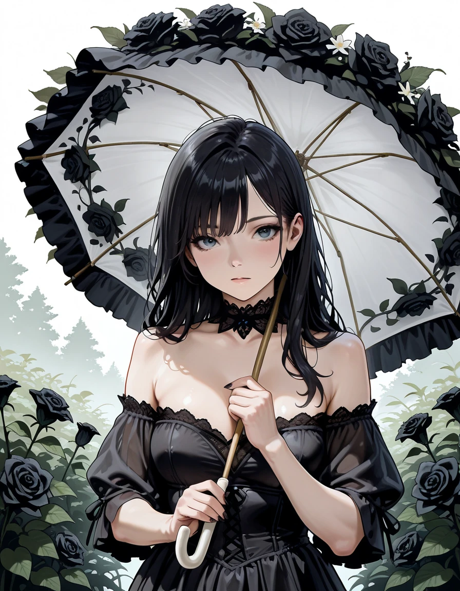 hud_gwn1i_illust, black gothic dress, off shoulder, floral umbrella, black roses, 1girl, long black hair, upper body, <lora:hud_gwn1i_illust:0.7>, absurdres, masterpiece, best quality, amazing quality