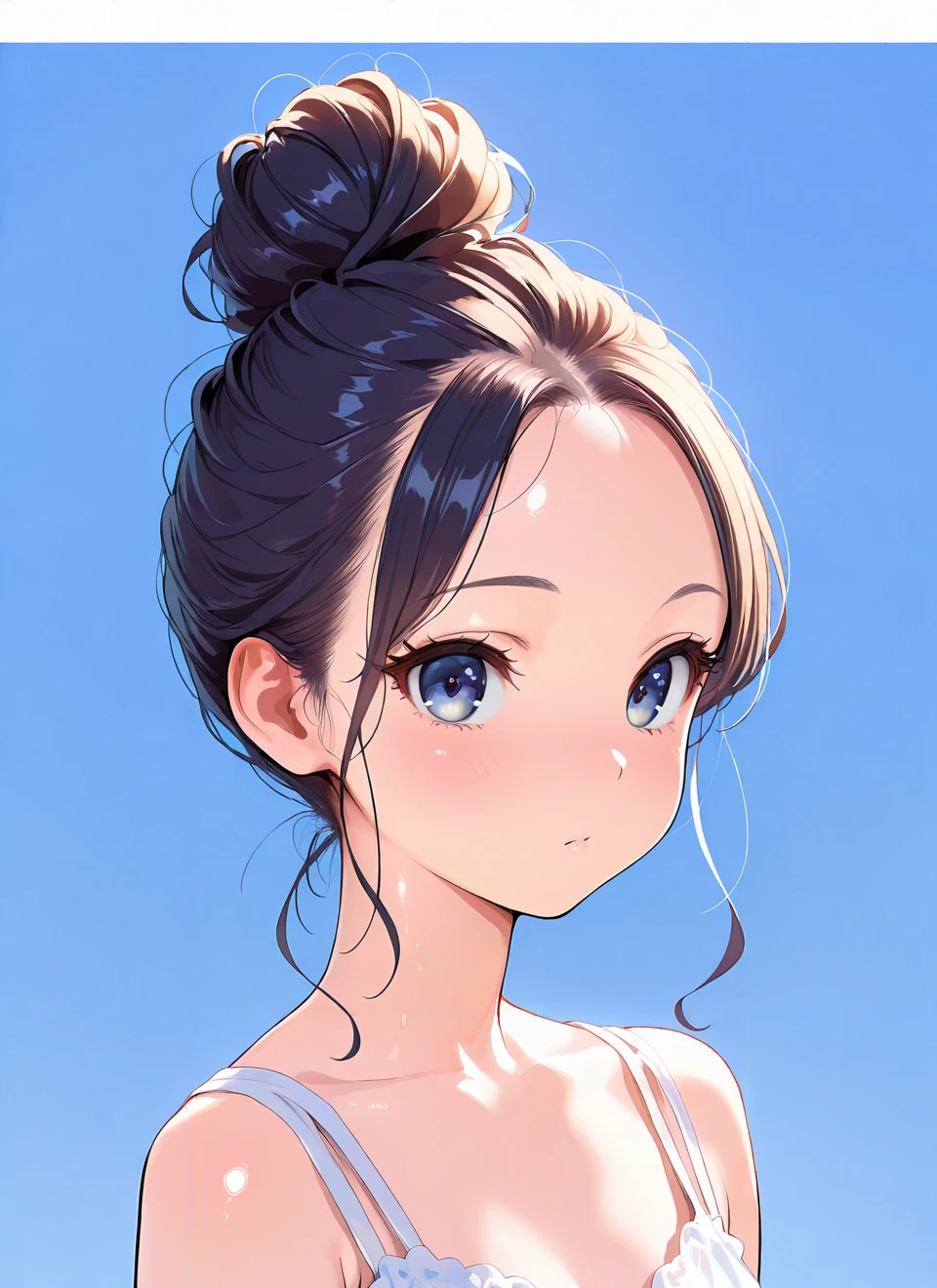 masterpiece,amazing quality,best quality,ultra-detailed,8K,illustration,CG,shiny hair,clear skin,ultra-detailed-eyes,simple background,cute girl, eyelashes <lora:odango_illustrious_V1.0:1> single hair bun