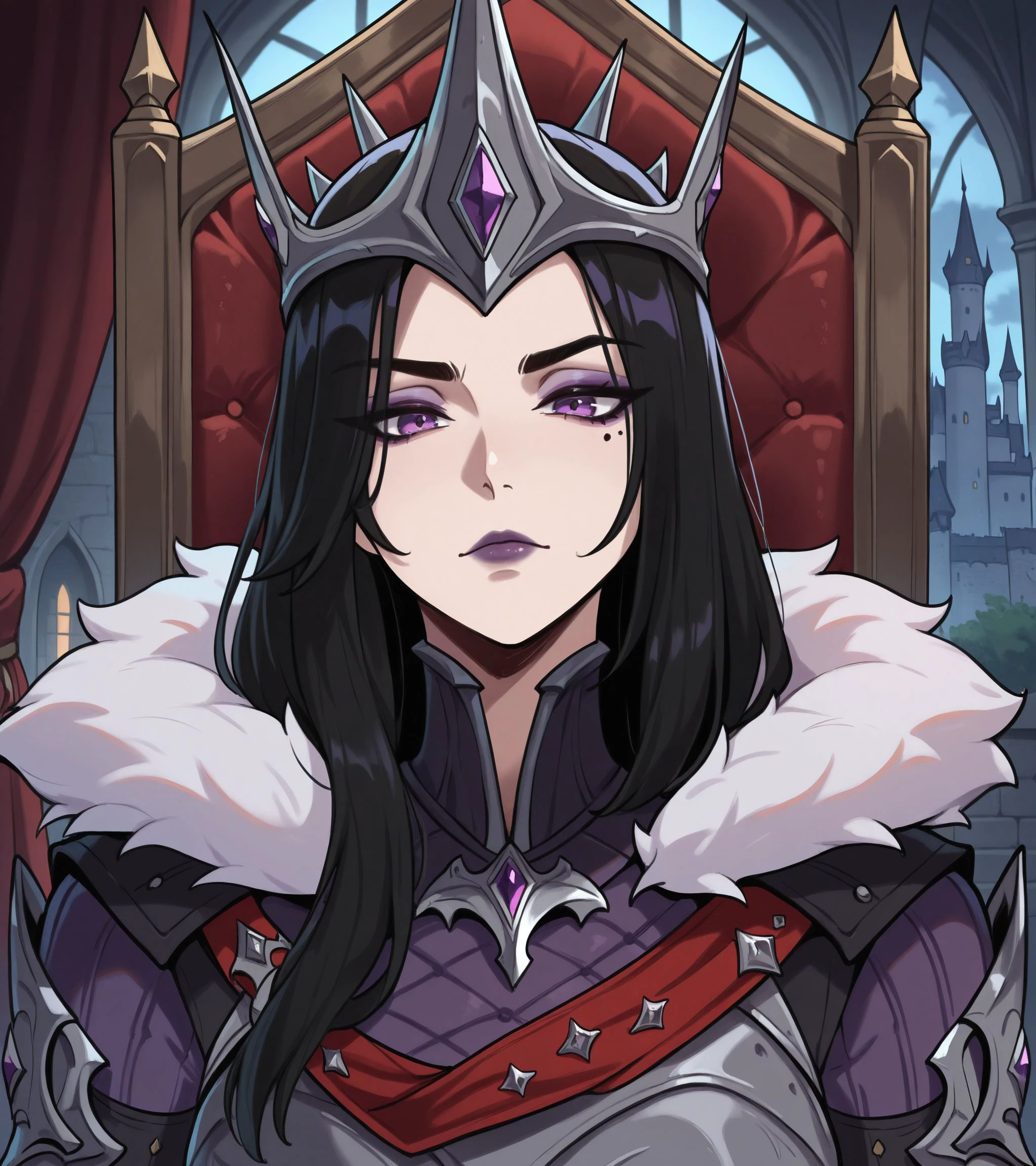 portrait, upper body, facial focus, masterpiece, best quality, very awa, morglesmite,
solo, long hair, black hair, purple eyeshadow, eyeliner, purple eyes, purple lips, mole under eye,
armor, fur trim, crown,
looking at viewer, closed mouth,
indoors, castle, european architecture, furniture, throne, curtains,
<lora:Morgan Le Fey Smite Noobeps1_1_epoch_9:0.8>