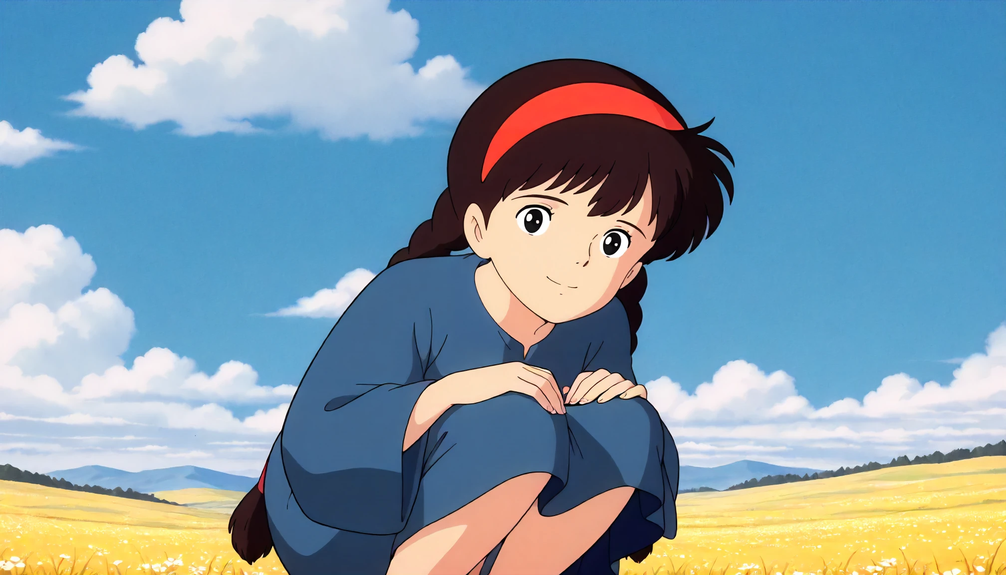 <lora:LCitS_sheetaXLIllustrious005>,
masterpiece,best quality,good quality,newest,
detailed background,blue sky,white cloud,glitter,
smile,
looking at viewer,
solo,
ghibli,anime coloring,retro artstyle,1990s \(style\),
sheeta\(tenkuu_no_shiro_laputa\),1girl,black brown hair,hairband,twin braids,black eyes,
blue dress,one-piece dress,long_sleeves,wide_sleeves,
squatting,