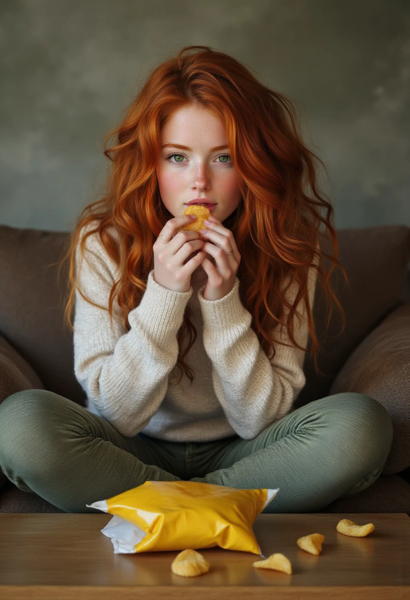 A red head girl with green eyes TestModel04, sitting on the couch with her feet up on the table and eating a bag of chips