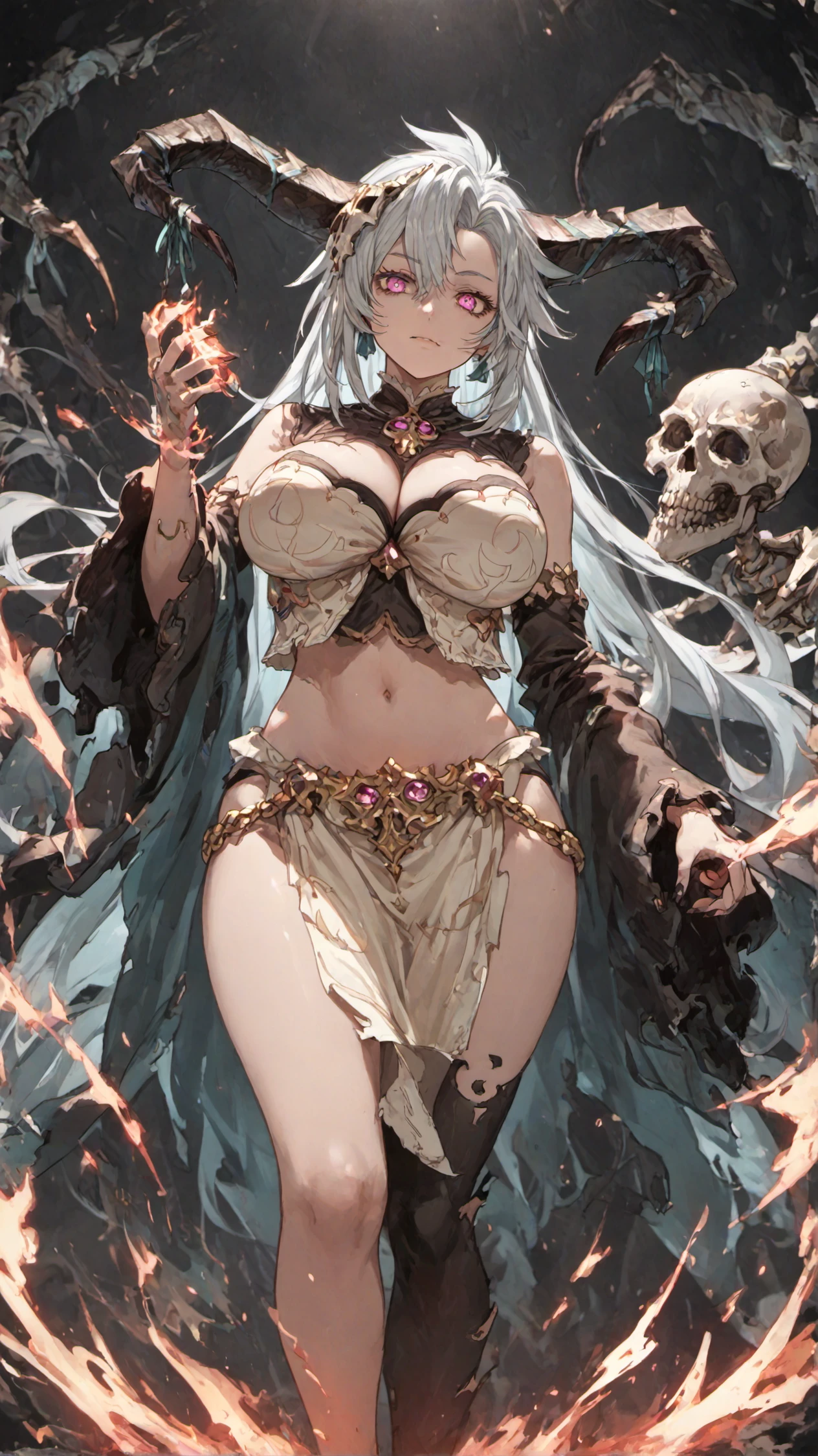 (score_9,score_8_up,score_7_up),source_anime,rating_safe,dark theme,dark_background,  energy, (abyss:1.05),skulls,necromancer,bone_dragon, skeleton,undead, 
1girl, gbf-fediel,(large_horns:1.1), huge_breasts, navel, detached_sleeves, (single_thighhigh:1.05), pelvic_curtain, cowboy_shot, female_focus,