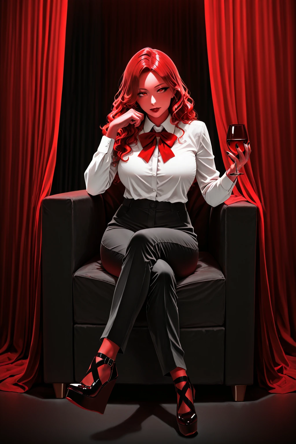masterpiece, best quality, 1girl, crossed legs, long red hair, wavy hair, white shirt, dress shirt, red bowtie, black pants, mature, holding wine glass, parted hair, Wedge heels, lipstick, red theme, black theme, red curtains, Acrylic wedges, Black footware.