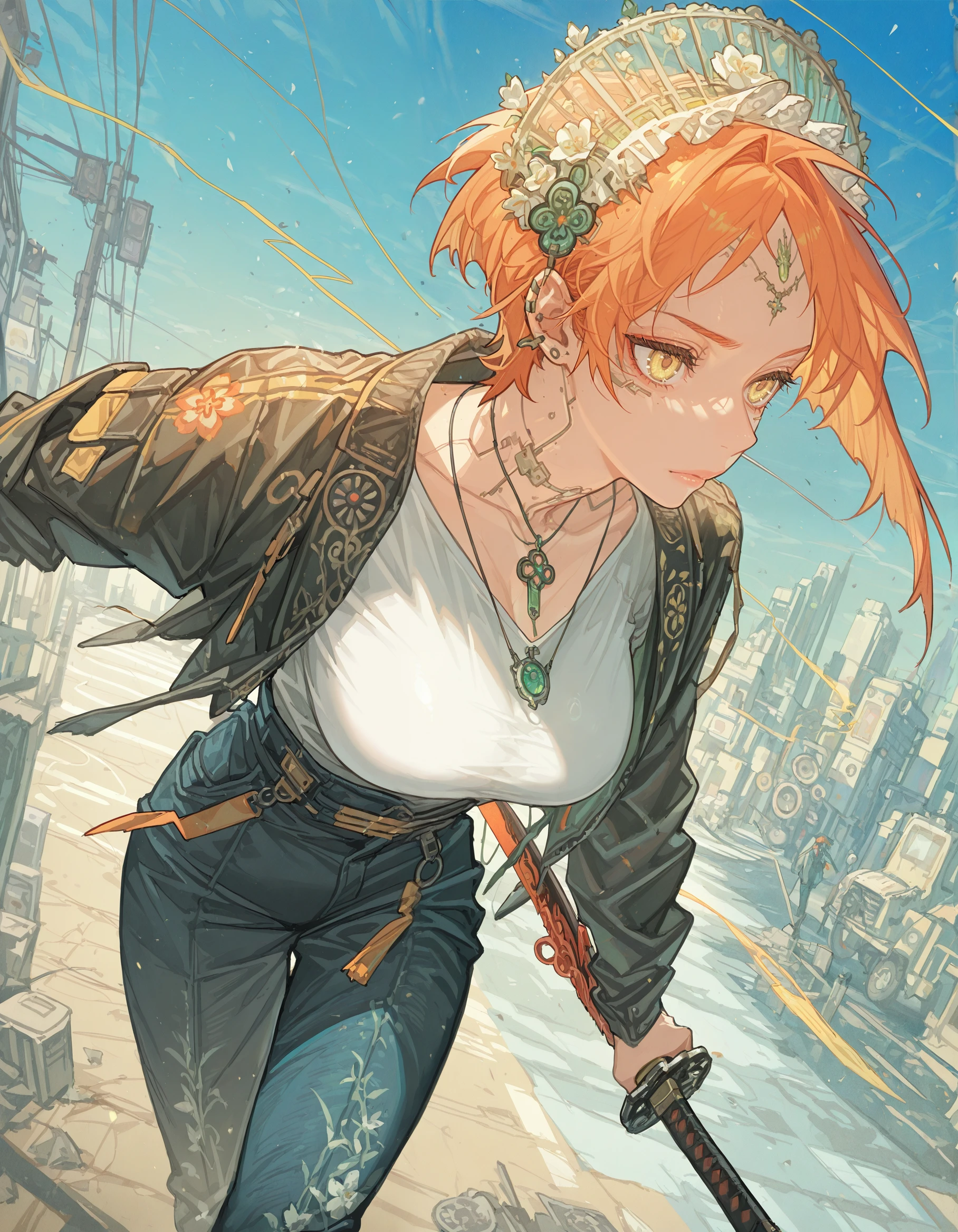 masterpiece, best quality, very aesthetic,
so0no2k_illu,Anime style, vibrant orange hair, intense yellow eyes, futuristic samurai, cyberpunk aesthetic, ornate headdress, white t-shirt with barcode, green pendant necklace, blue sky background, tattered jacket with floral pattern, katana sword, dynamic pose, detailed illustration, bright colors, digital art, fantasy elements, post-apocalyptic fashion, intricate accessories, bold contrasts
,highly detailed, hyper-realistic, 8k, dynamic angle, illustration, intricate details,masterpiece, very aesthetic, absurdres, <lora:so0no2k-000010:1>