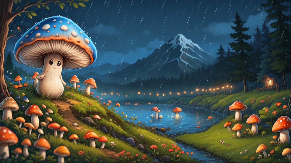 cute mushroom and his , blue cap covered in white spot, many cute mushrooms, kawaii eyes, in forest, mountain, night, rain, smile, happy, adventure, depth of field, flowers, trees, grass, small arms, no legs, river, lights, sorcerer hat, fog<lora:cute_mushroom:1>