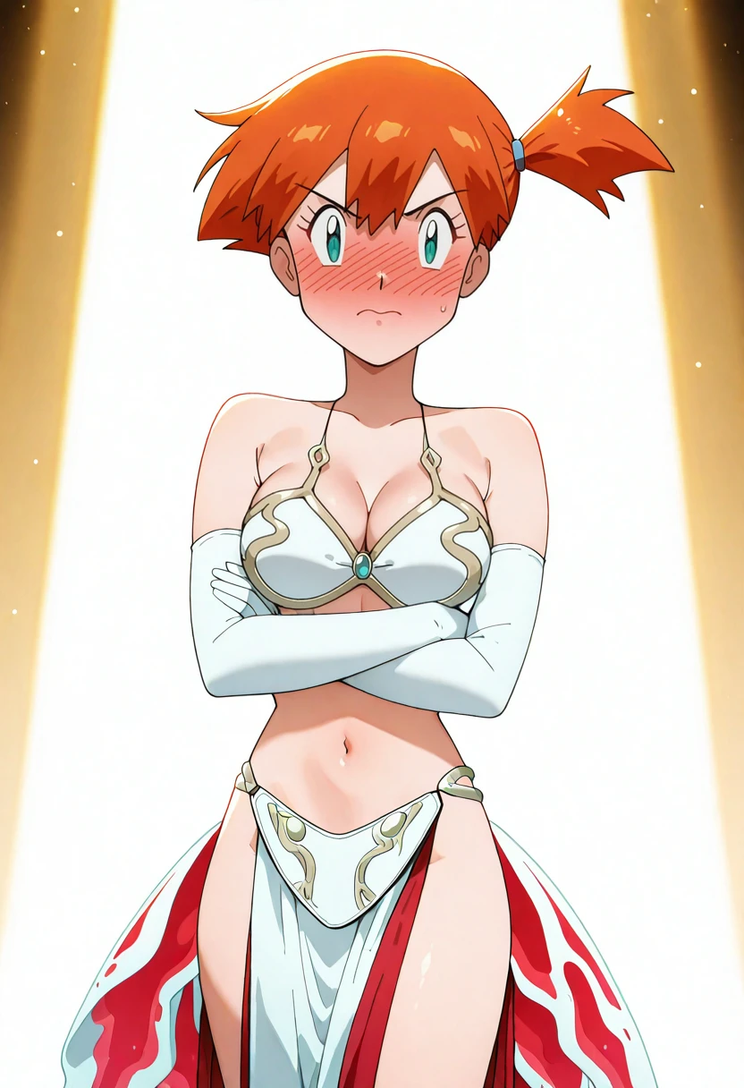 anime screenshot, 1girl, solo, misty, side ponytail, white slavekini, g0ld33n dress, white elbow gloves, pelvic curtain, cleavage, v-shaped eyebrows, crossed arms, embarrassed, medium breasts, stage, spotlight
<lora:Slavekini_IL:1> <lora:mistyil:1.2>