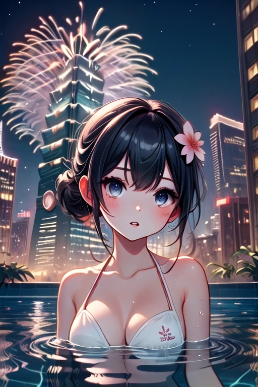 ((rooftop pool)), ((aerial fireworks)), taipei_101, skyscraper, 1girl, copper hair, updo, parted lips, slim figure, bikini, hair flower, partially submerged in water, swimming, city, sky, cityscape, skyline, horizon, night, night sky, city lights, scenery, outdoors, from below, <lora:girllikerooftoppool:0.9>