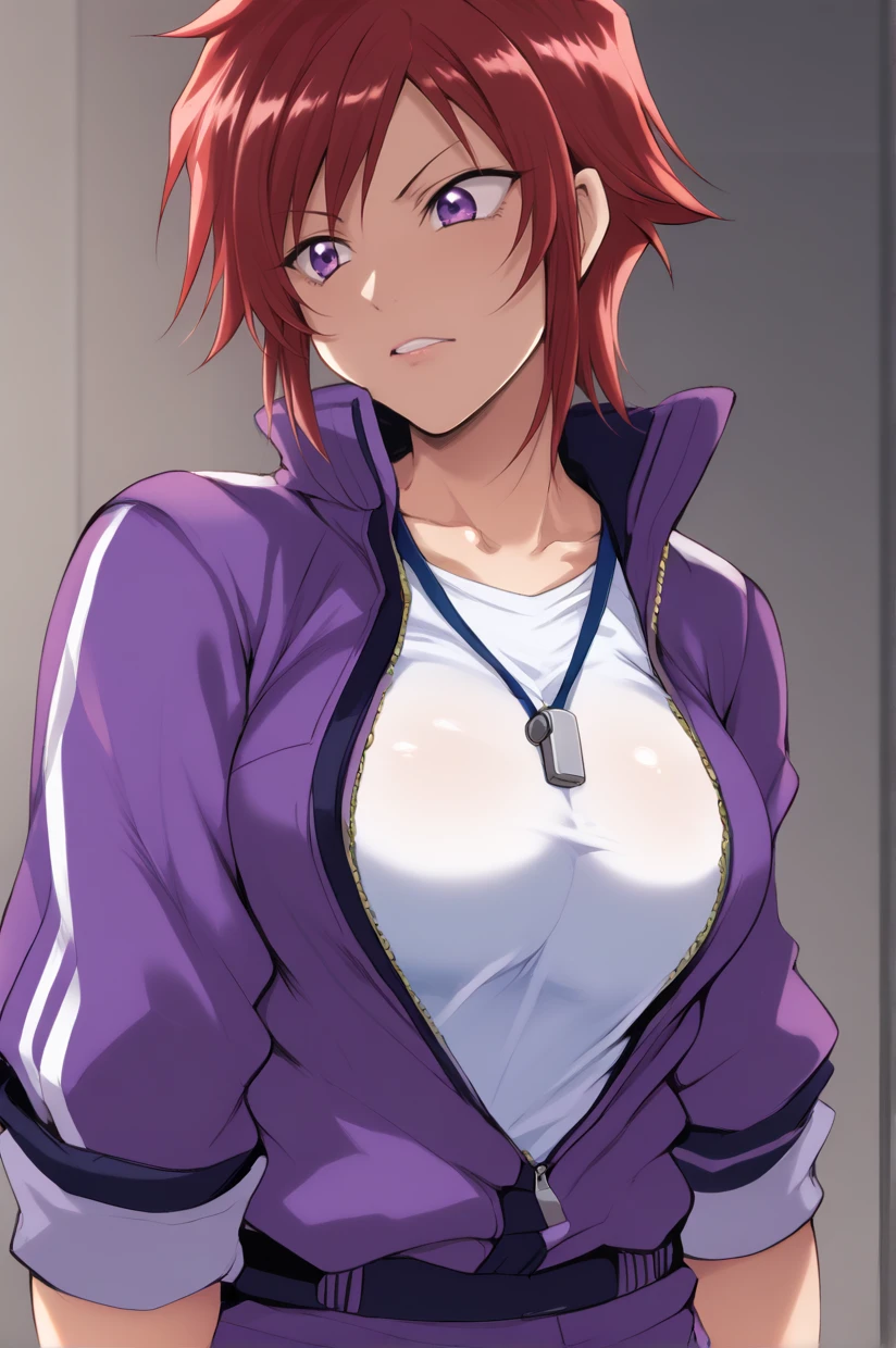 <lora:STYLERaburebo_epoch_9:1> RabureboSTYLE BREAK  <lora:MikageYuukiNSLT:1> mikageyuuki, short hair, red hair, purple eyes, large breasts, tsurime, purple jacket, track suit, sleeves rolled up, white shirt, whistle around neck, open clothes, partially unzipped, 8k, masterpiece, absurdes, highly detailed, highres, high quality, best quality, score_9, score_8_up, score_7_up, score_6_up, shiny, shiny skin, shiny hair