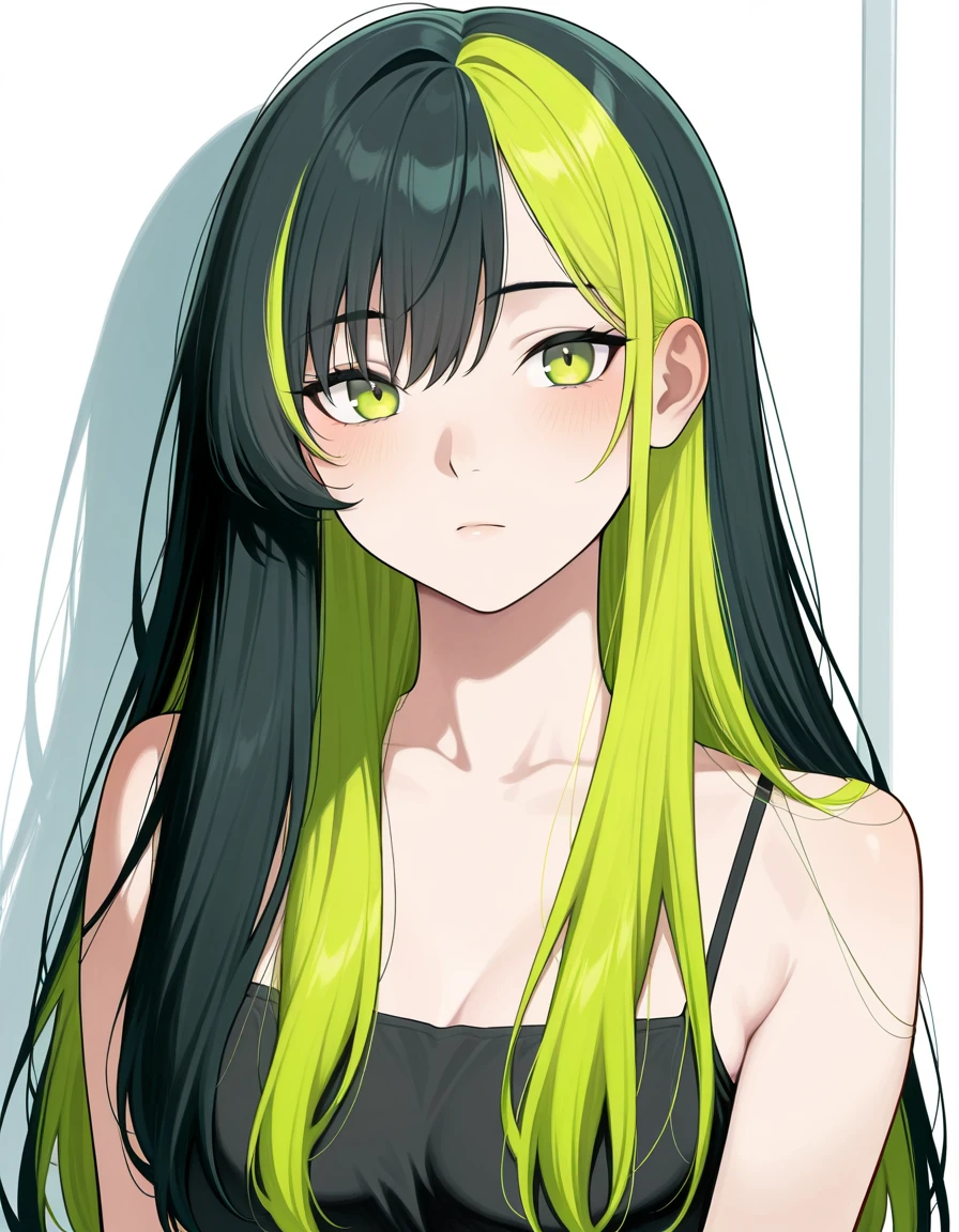 hud_grnblkh4ir, multicolored hair, two-tone hair, black hair, green hair, long hair, 1girl, solo, upper body, <lora:hud_grnblkh4ir_illust:0.7>, absurdres, masterpiece, best quality, amazing quality