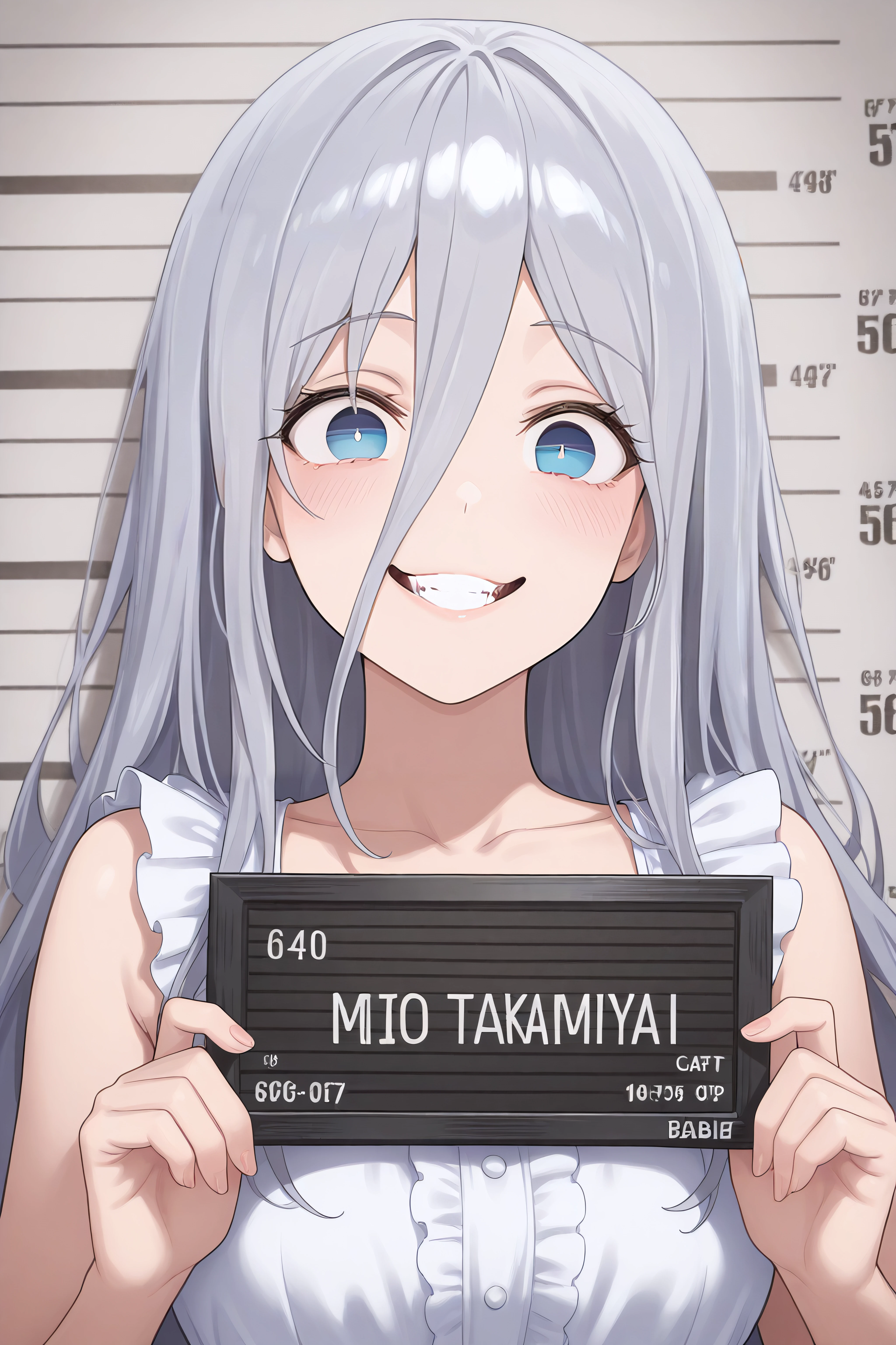 masterpiece, best quality, <lora:Mio Takamiya-Illustrious-lora-Faxtron:1> mio takamiya, blue eyes, grey hair, long hair, hair between eyes, white dress, collarbone, sleeveless, 
 <lora:barbie-mugshot-ponyxl-lora-nochekaiser:1> barbie mugshot, barbie mugshot (meme) height mark, holding sign, nameplate, height chart, sign, meme,, crazy smile,