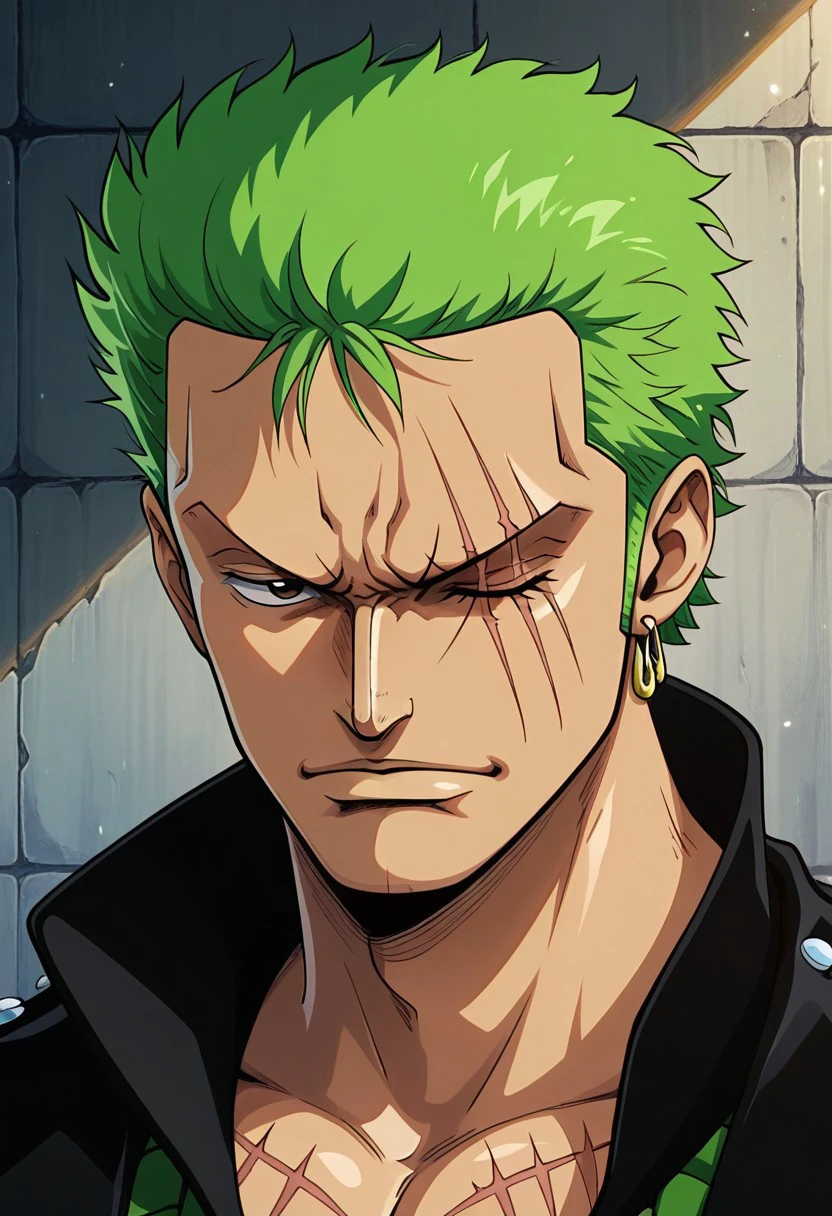 masterpiece, best quality, newest, absurdres, highres, 
anime, anime style, BetterScarsIL-v1.0, scar, 1boy, Zoro /(one piece/), green hair, one closed eye, one eye open, scar over eye,