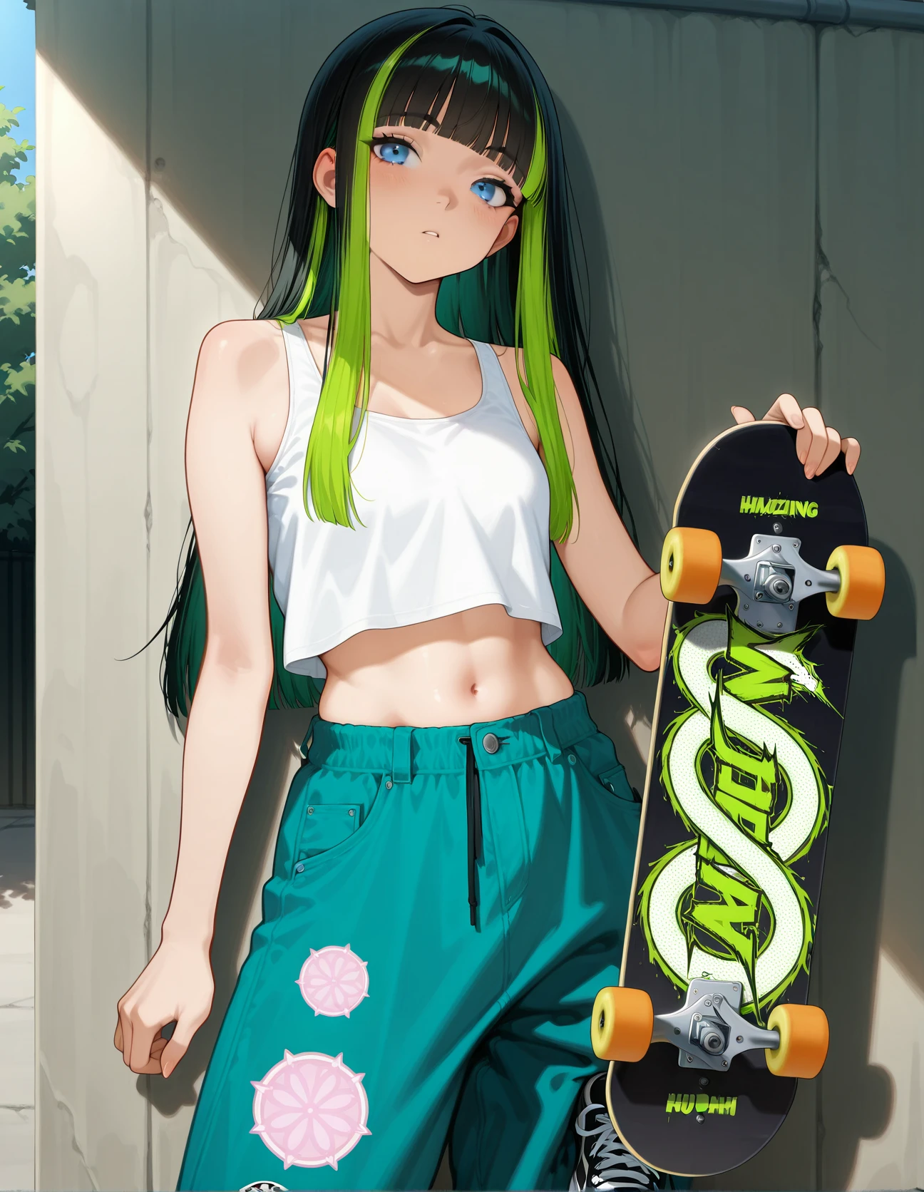 hud_grnblkh4ir, multicolored hair, green hair, black hair, blunt bangs, 1girl, solo, blue eyes, upper body, tank top, midriff, baggy jeans, sneakers, skateboard, outdoors <lora:hud_grnblkh4ir_illust:0.8>, absurdres, masterpiece, best quality, amazing quality