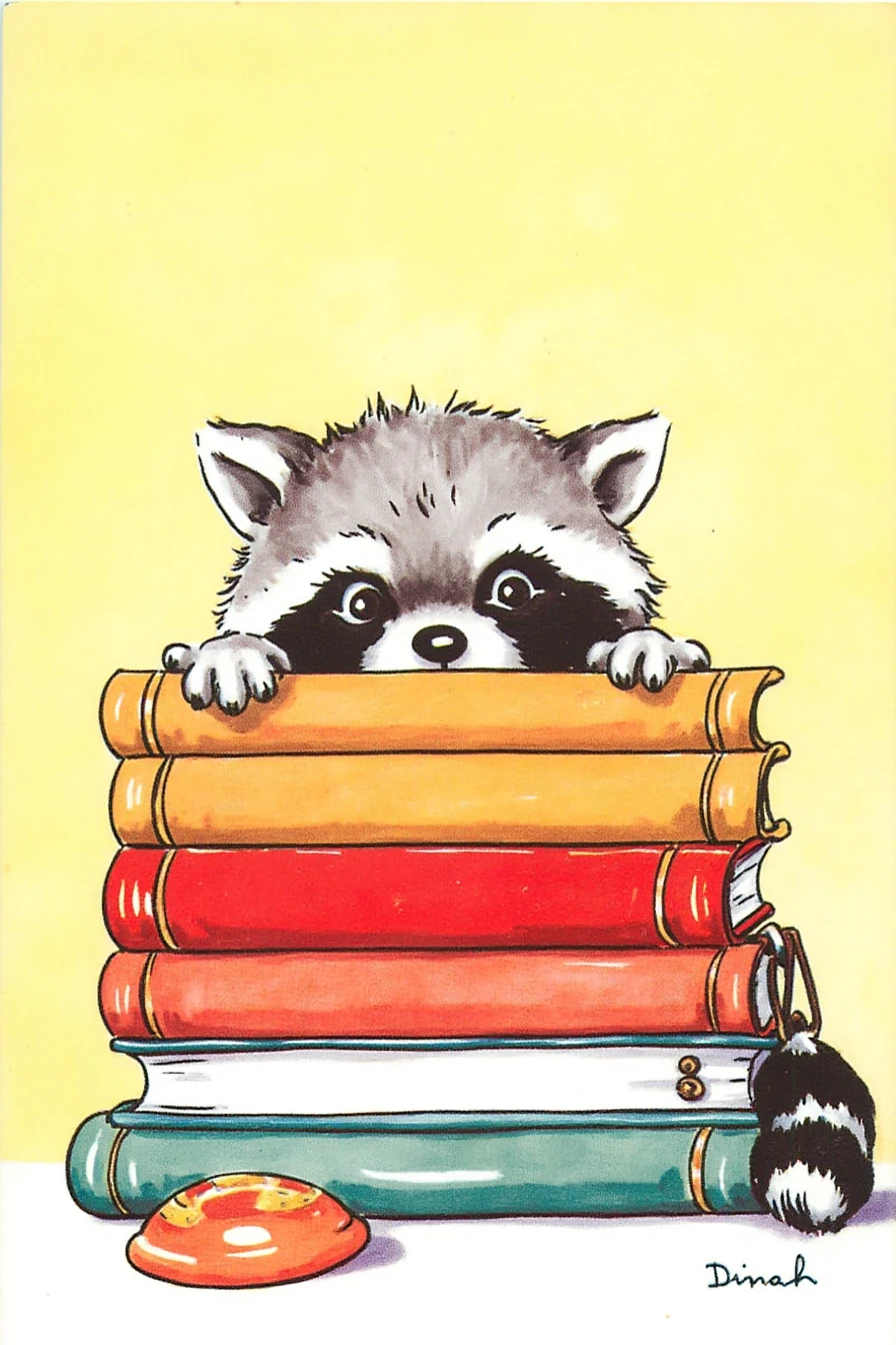 A hand-painted illustration of a curious raccoon peeking out from a brightly colored stack of vintage books. The playful brushstrokes emphasize its fluffy fur and mischievous eyes, while the vivid palette of reds and yellows creates a whimsical, storybook-like atmosphere.