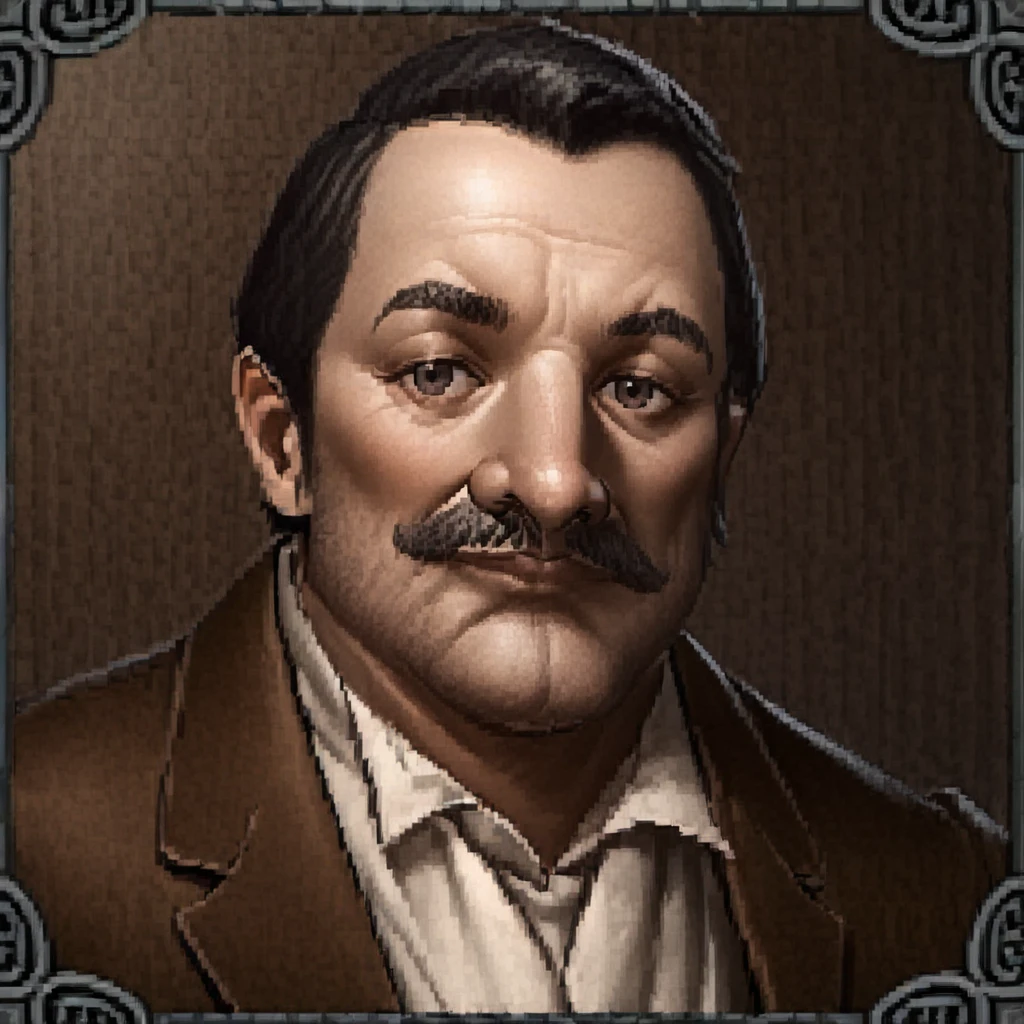 <lora:Illustrious - Dark and Darker Portraits - 2023 - Epoch 8:0.95> dark_and_darker_game_portrait_style, vendor, fantasy portrait, small_border, frame, low_resolution, male, sausage salesman, mustashe, light smile, black hair, dark eyes, friendly