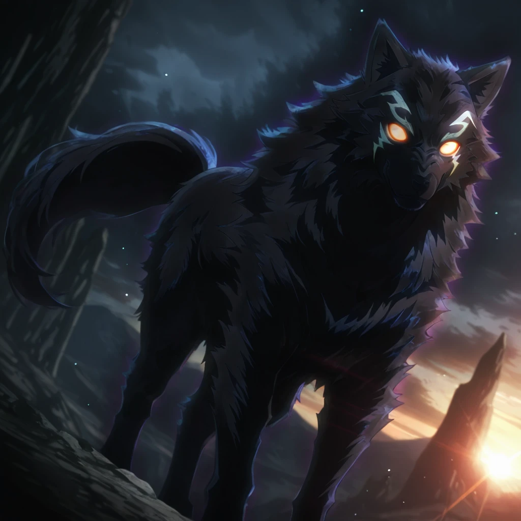 masterpiece,best quality,amazing quality,no humans, scenery, depth of field, sunlight, lens flare, morning, <lora:IL_Shangri-la_Frontier_Lycagon_the_Nightslayer:0.9> shflynsl, wolf, orange eyes, glowing eyes, glowing, looking up, dutch angle, looking at viewer, (light particles:1.2), magic