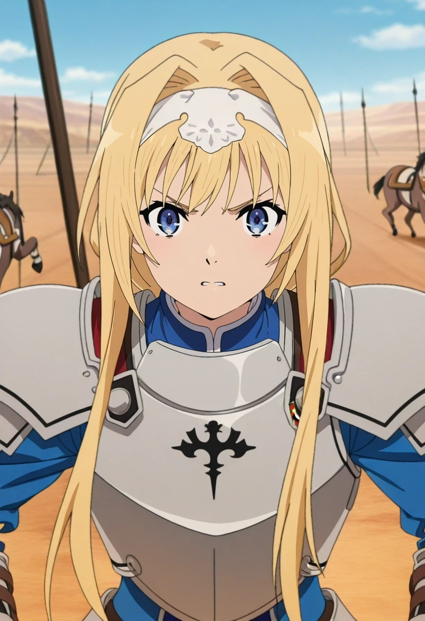 masterpiece, best quality, anime screencap, anime coloring, official style, intricate details, looking at viewer, 1girl, alice zuberg, blonde hair, blue eyes, long hair, armor, solo, ancient battlefield, clashing armies, raised banners, charging horses, fierce pose, determined expression, dusty horizon, <lora:mushoku_tensei_style_ilxl:1>, mushoku_tensei_style,