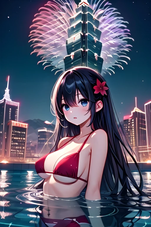 ((rooftop pool)), ((aerial fireworks)), taipei_101, skyscraper, 1girl, parted lips, slim figure, bikini, hair flower, partially submerged in water, swimming, city, sky, cityscape, skyline, horizon, night, night sky, city lights, scenery, outdoors, from below, <lora:girllikerooftoppool:0.9>
