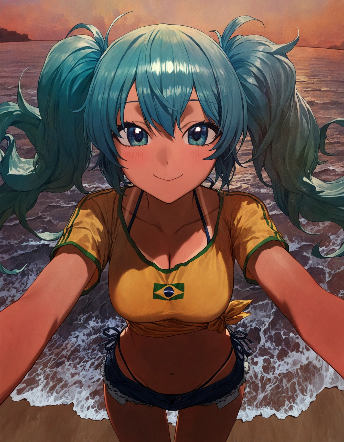 1girl, brazilian miku, (modare:0.75), (hatsune miku:0.25), pov, fisheye, beach, twilight, outstretched arms, highleg bikini, tied shirt, cutoffs, twintails, big hair, waves, tanline peek, (cleavage:0.75), cowboy shot, from above, oil painting \(medium\), masterpiece, best quality, absurdres<lora:96_chadmix_vpred10_1a.safetensors:1.0>, <lora:96_chiaroscuro_vpred10_1a-000022.safetensors:0.5>, <lora:brazilmiku_vpred10_1a.safetensors:1.0>,