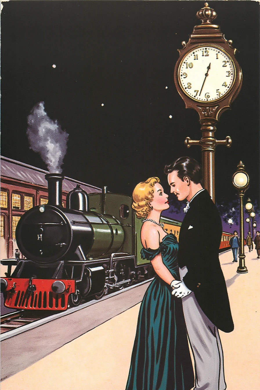 An illustration of A quiet, moonlit train station platform, illuminated by soft silver light and the glow of vintage gas lamps. A couple in Victorian-inspired evening attire stands under the grand station clock, exchanging a final glance before parting. The woman’s silk dress shimmers in the moonlight, and the man’s tailored coat catches the gentle glow of the lamps. Behind them, a steam engine waits, its chimney exhaling faint tendrils of smoke that rise and dissolve into the starry night sky. The scene exudes a serene, melancholic romance.