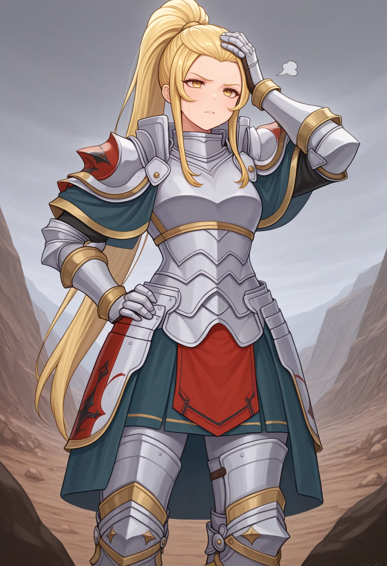 masterpiece, best quality, 1girl, wiping sweat, hand on own head, sigh, hand on own hip, frown, <lora:JadeFE-illu:1> dfJade, blonde hair, long hair, high ponytail, sidelocks, yellow eyes, knight, pauldrons, gauntlets, faulds, greaves, wasteland, rock, sky, overcast