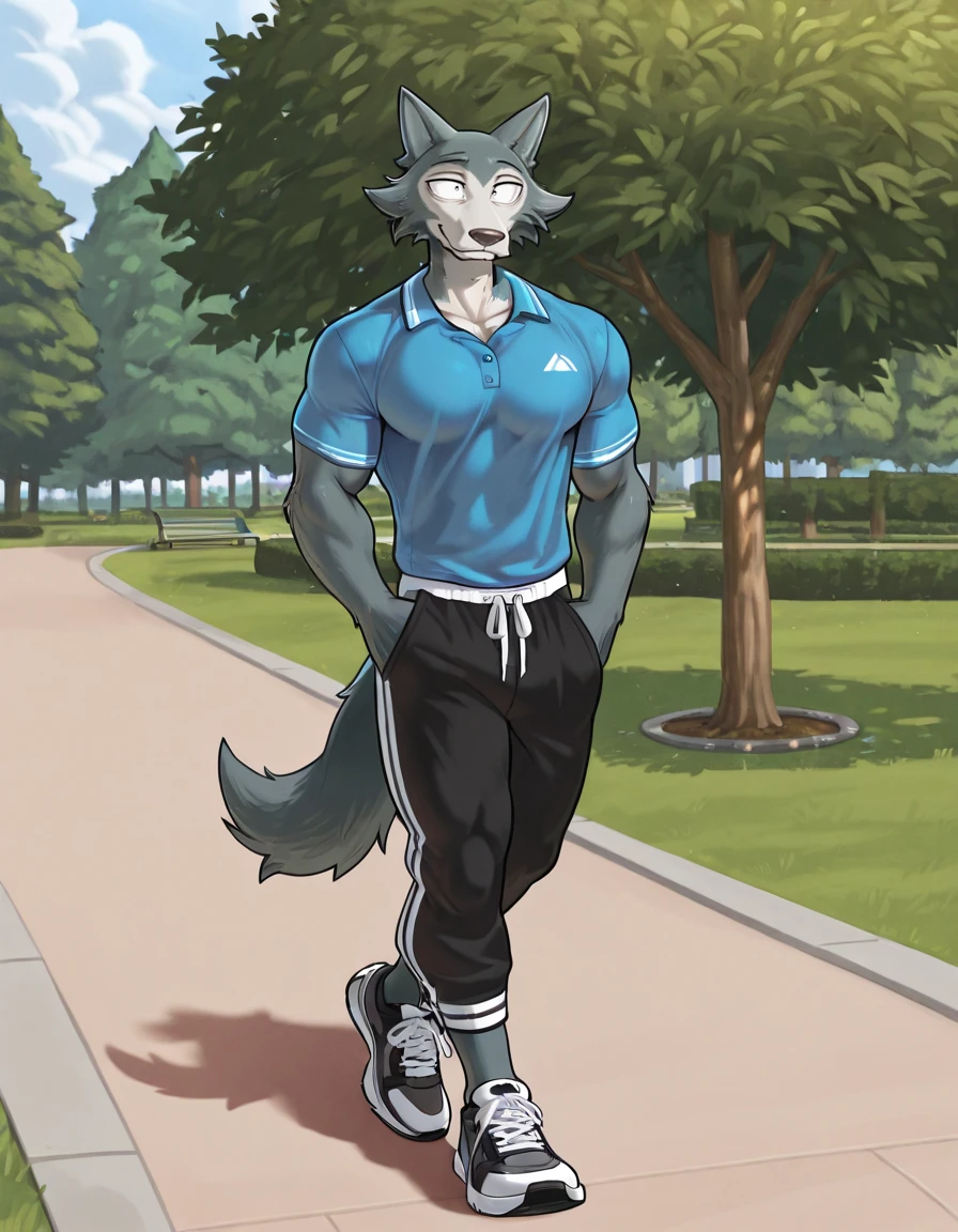 IllustriousQual, masterpiece, <lora:Legoshi_Illustrious:1> l3gosh1, beastars, furry male, 1boy, male focus, solo, wolf boy, muscular male, athletic, large pectorals, , casual clothing, cute outfit, outdoors, park, walking, full body, smile,
