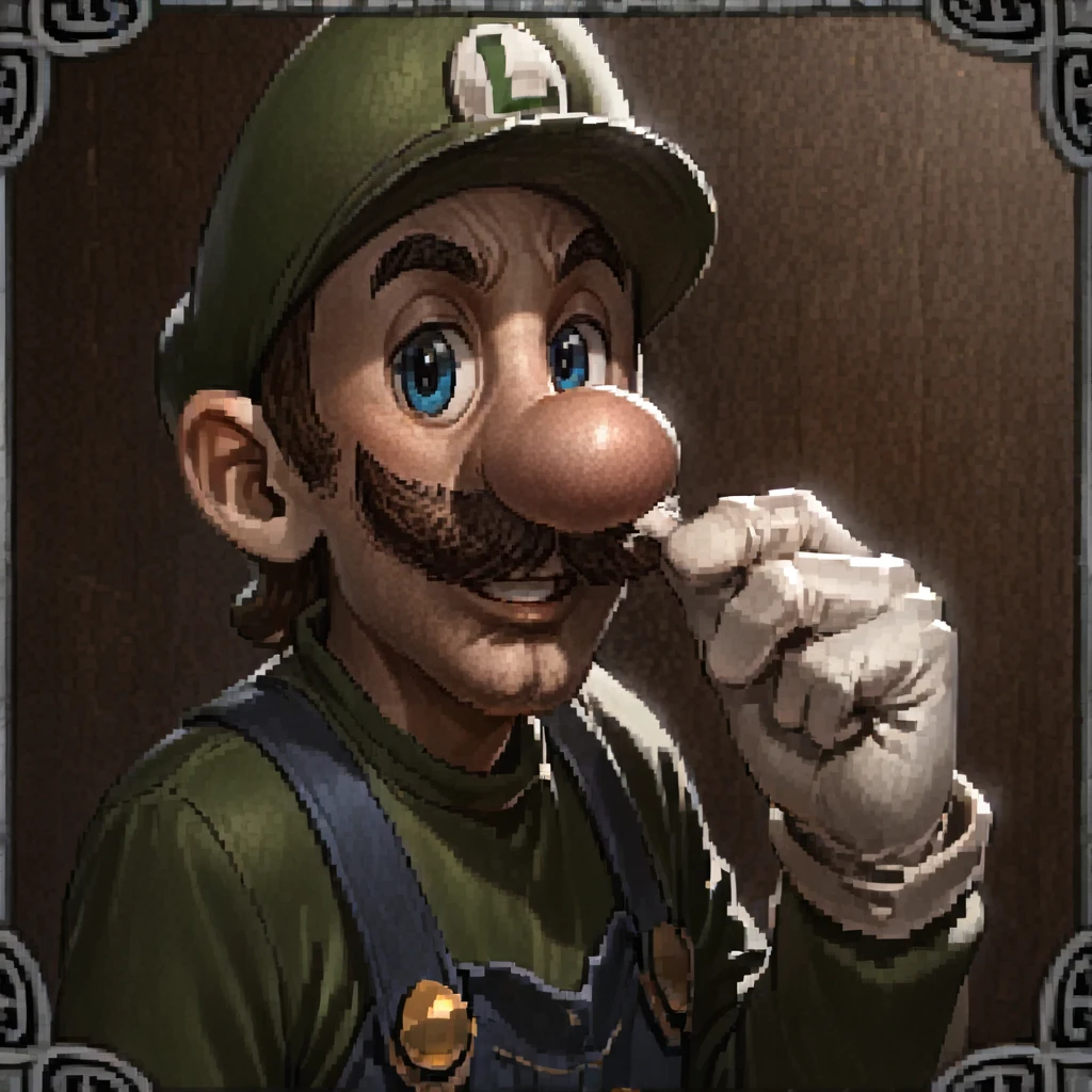 <lora:Illustrious - Dark and Darker Portraits - 2023 - Epoch 8:0.9> dark_and_darker_game_portrait_style, vendor, fantasy portrait, small_border, frame, low_resolution,  <lora:Luigi_XLPD:0.9> Incrsluigi, luigi, 1boy, green headwear, blue overalls, white gloves, long sleeves,