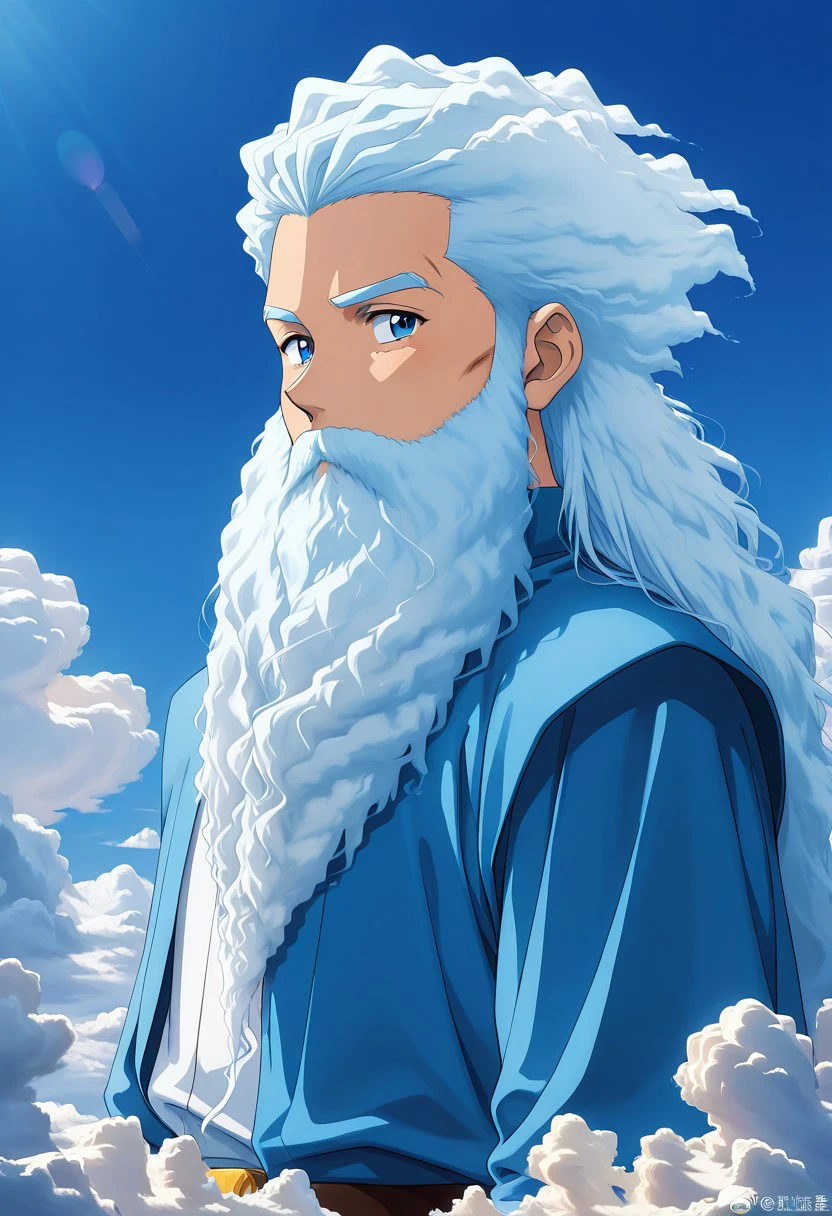 masterpiece, best quality, newest, absurdres, highres,  anime, anime style, vintage anime, 90s anime, Air(Theme), 1boy, air elemental, cloud beard cloud hair