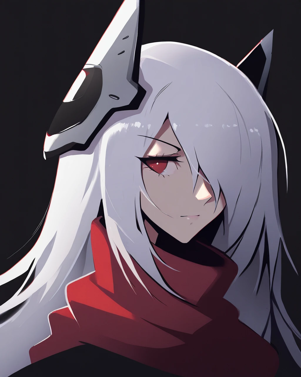 absurdres, high quality, masterpiece, Nemstyle, 1girl, solo, long hair, looking at viewer, bangs, simple background, red eyes, hair between eyes, closed mouth, white hair, scarf, hair over one eye, headgear, black background, portrait, red scarf, one eye covered<lora:Nem_StyleIllustrious:0.95>