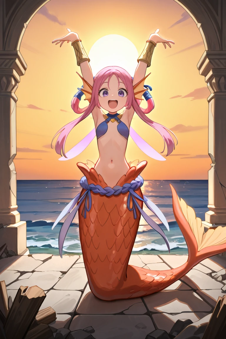 masterpiece, very aesthetic, absurdres, best quality, amazing quality, high resolution, <lora:illustrious_quality_modifiers_masterpieces_v1:0.8> , <lora:ChamIllustriousBackgroundEnhancer:0.5>, solo, <lora:NietzscheIL:0.8> , niedef, 1girl, hair rings, pink hair, long hair, sidelocks, purple eyes, monster girl, mermaid, fins, head fins, mermaid tail, orange scales, wings, bracer, jewelry, navel, halterneck, bridgeless bra, bikini top only, blue shimenawa, usekh collar, full body, smile, looking at viewer, ruins, ocean, cheering, happy, arms up, open mouth,
