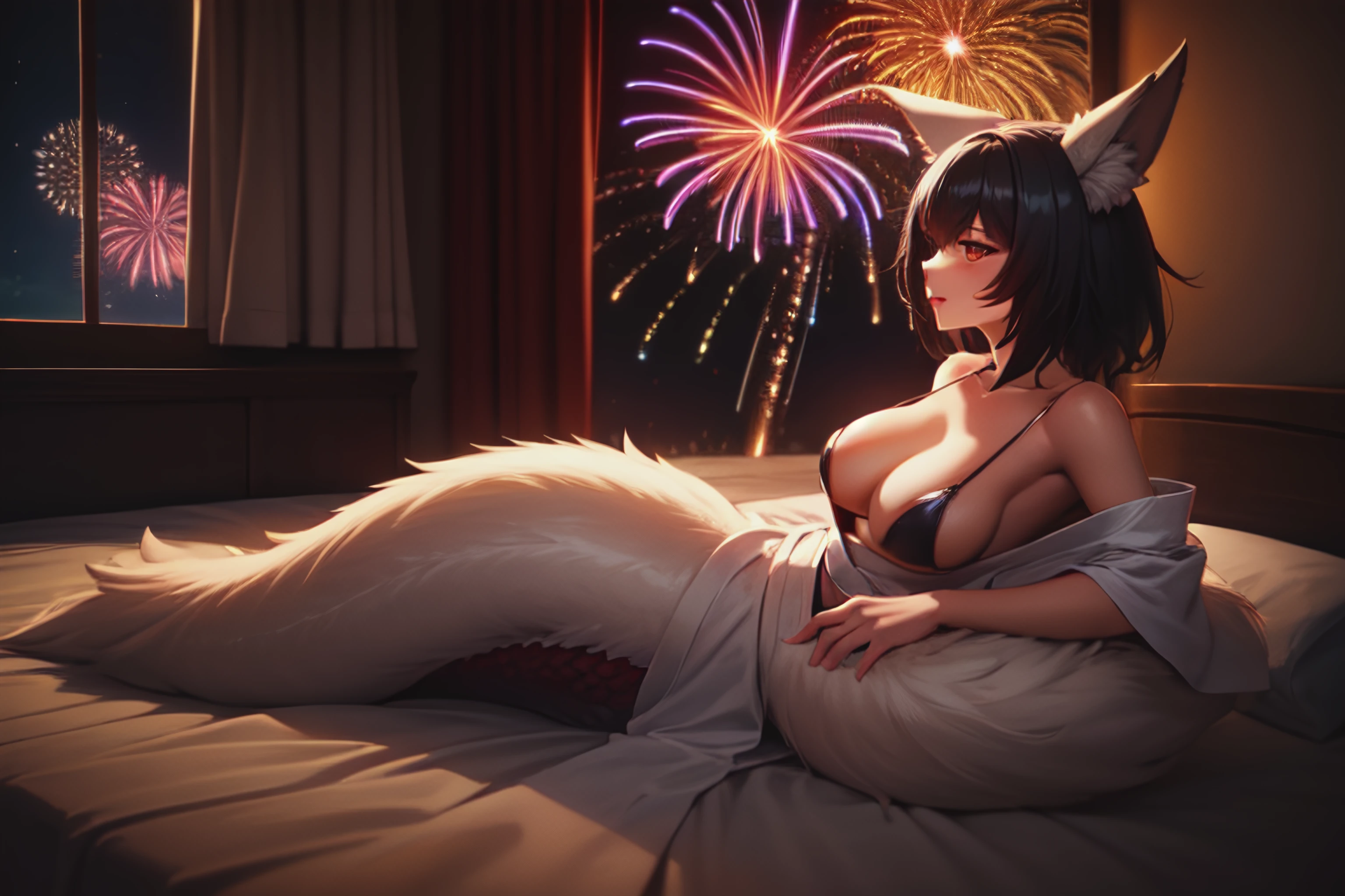 fireworks, bedroom,
1girl, bunyip, lamia, white kimono, black hair, large_breasts, 