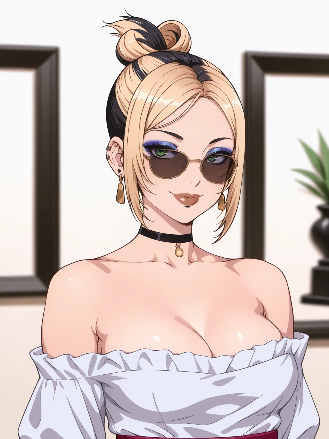 Masterpiece,best quality,1girl,solo,vector art,looking at viewer,blonde hair,sunglasses,choker,green eyes,upper body,smile,puffy lips,lipstick,medium breasts,off-shoulder kimono,
1girl, solo, looking at viewer, smile, blonde hair, jewelry, upper body, multicolored hair, earrings,  two-tone hair, makeup,  eyeshadow,with edgLevitating_hairstyle
 <lora:edgLevitatingILS:1.1>
 <lora:ChamUbelIllustriousXL:0.7> ch4mubel, black choker, purple eyes