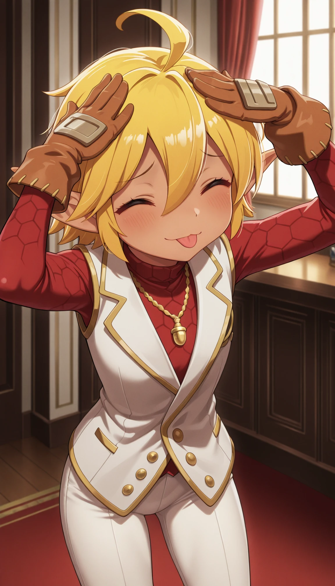 masterpiece,best quality,amazing quality, 1girl, solo, <lora:IlluAura:1> illuaura, dark skin, pointy ears, blonde hair, short hair, ahoge, hair between eyes, vest, necklace, jewelry, gloves, white pants, <lora:AhEtoBlehMeme_illusXLNoobAI_Incrs_v1:1> AhEtoBlehMeme, closed eyes, tongue out, :p, hands on own head, smile, indoors,