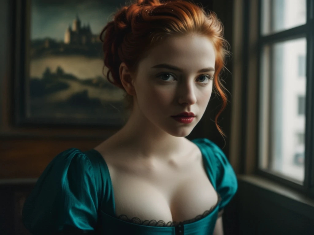 image in mntrst style, 1girl, in a teal dress, red hair
Historical era, film still, cinematic lighting, eye contact

beautifully realistic realism, (vivid HDR photography, epic scene, cinematic photograph, timelapse, kodak portra film, film grain, real color), highly detailed portrait, hazy, contrast, delightfully pretty yet unusually cute, mesmerizing, sexualized, fantastic, most incredible details, realistic skin, pores, goosebumps

by (great fashion photographer, tony kelly, casey baugh)

postcard, delightful, beautiful composition