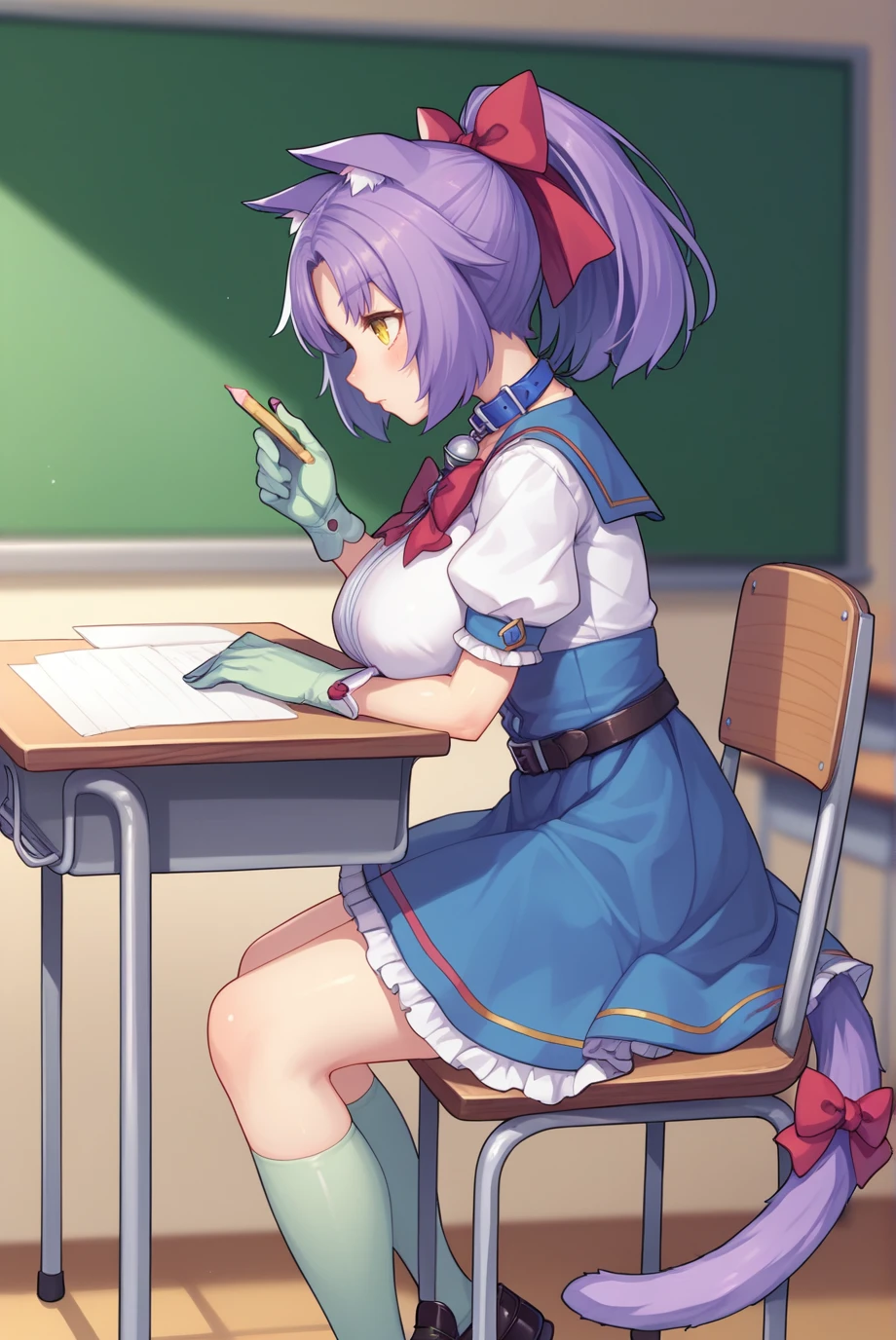 score_9,score_8_up,score_7_up,Ganyu,sitting on desk, desk on background,crossed legs,silver heels,black pantyhose,golden lines on pantyhose,white shirt,white jacket,red tie,student,carrying leash,seductive pose,seductive expression,pleasure face,happy,detailed eyes,heart shaped pupils,classmates on background,horny,blush on face,strict expression,mocking smile,dildo on desk,luxury student clothing,luxury girl,rich girl,luxury clothing,large_breasts