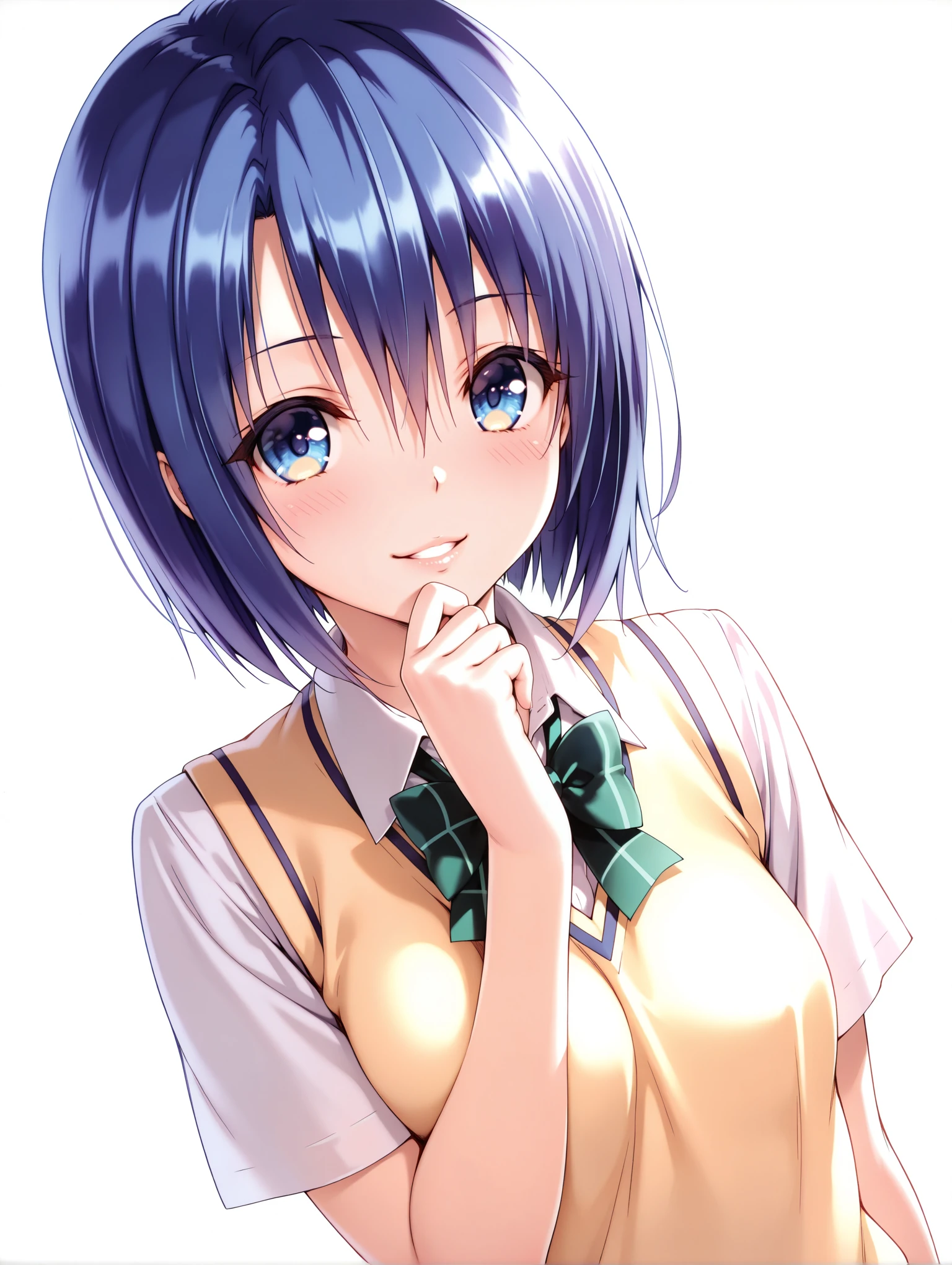 masterpiece,best quality,amazing quality,solo,1girl,
<lora:s_haruna_ilxl_v1:1>,haruna,blue hair,blue eyes,h_clothes,short sleeve blouse,school uniform,sweater vest,
<lora:Fixhands_anime_bdsqlsz_V1:1>,dynamic_angle,cinematic_angle,seductive_smile,white background,simple_background,light_blush,hand to own mouth,parted lips,portrait,looking_at_viewer,front view,