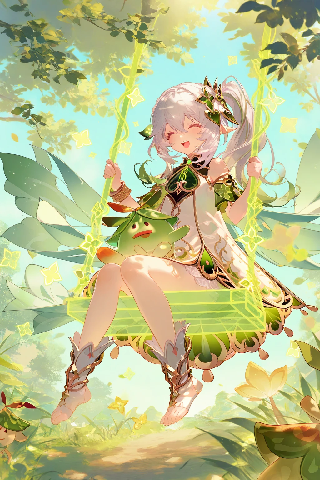 very aesthetic,high definition,masterpiece,illustratio,best quality,[artist:kedama milk],artist:ask(askzy),[artist:WANKE],artist:miji_black,artist:ciloranko,pastel xl,<lora:pastel xl:0.8>, -pastel xl, 1girl, nahida \(genshin impact\), aranara \(genshin impact\), swing, side ponytail, closed eyes, smile, dress, pointy ears, long hair, open mouth, sitting, hair ornament, white hair, white dress, multicolored hair, green hair, green sleeves, leaf hair ornament, detached sleeves, outdoors, gradient hair, bracelet, upper teeth only, teeth, stirrup legwear, toes, sidelocks, jewelry, leaf