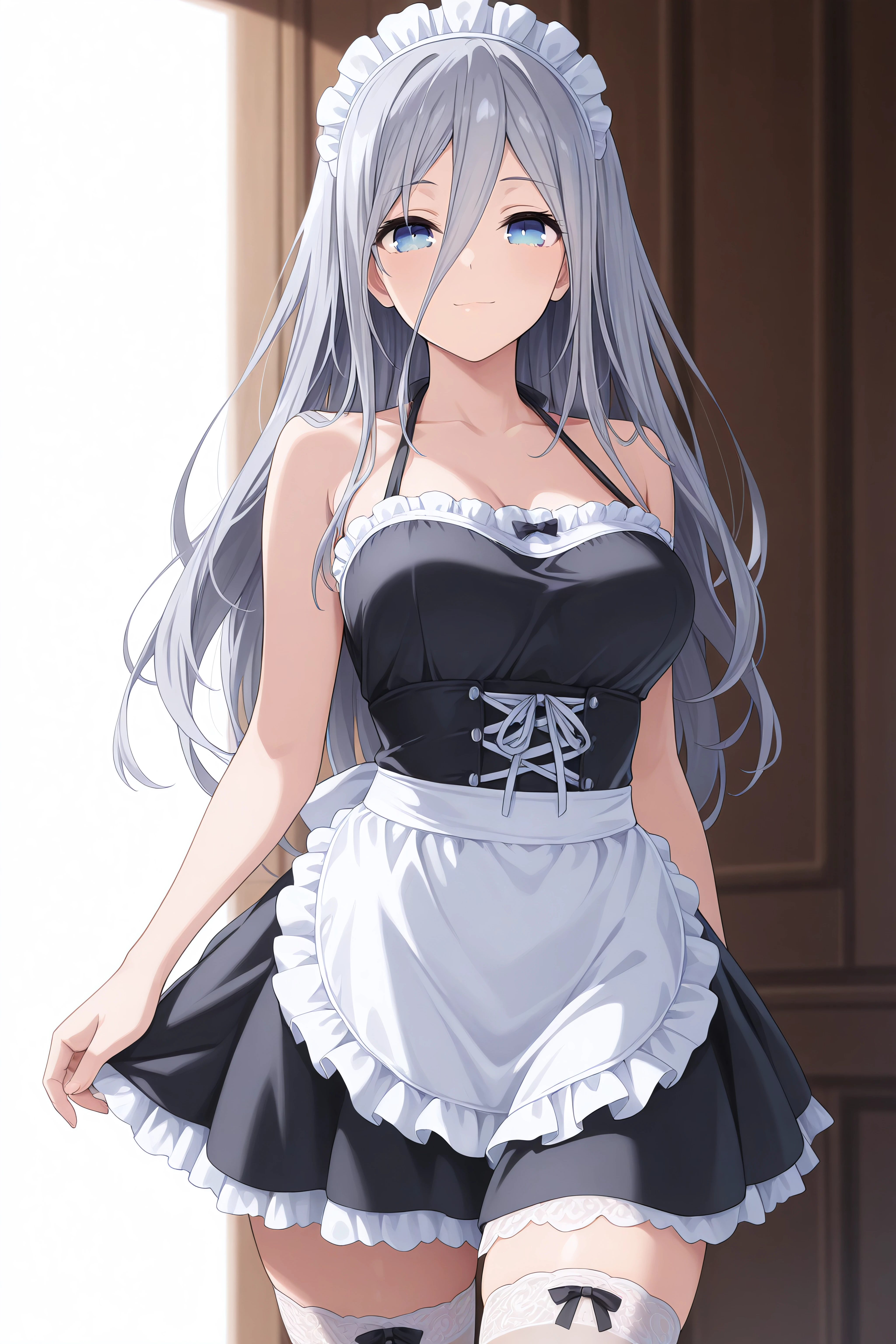 masterpiece, best quality, <lora:Mio Takamiya-Illustrious-lora-Faxtron:1> mio takamiya, blue eyes, grey hair, long hair, hair between eyes, light smile, 
 <lora:as-maidtopleasure:1> maid headdress, french maid, halterneck, short dress, thighhighs,