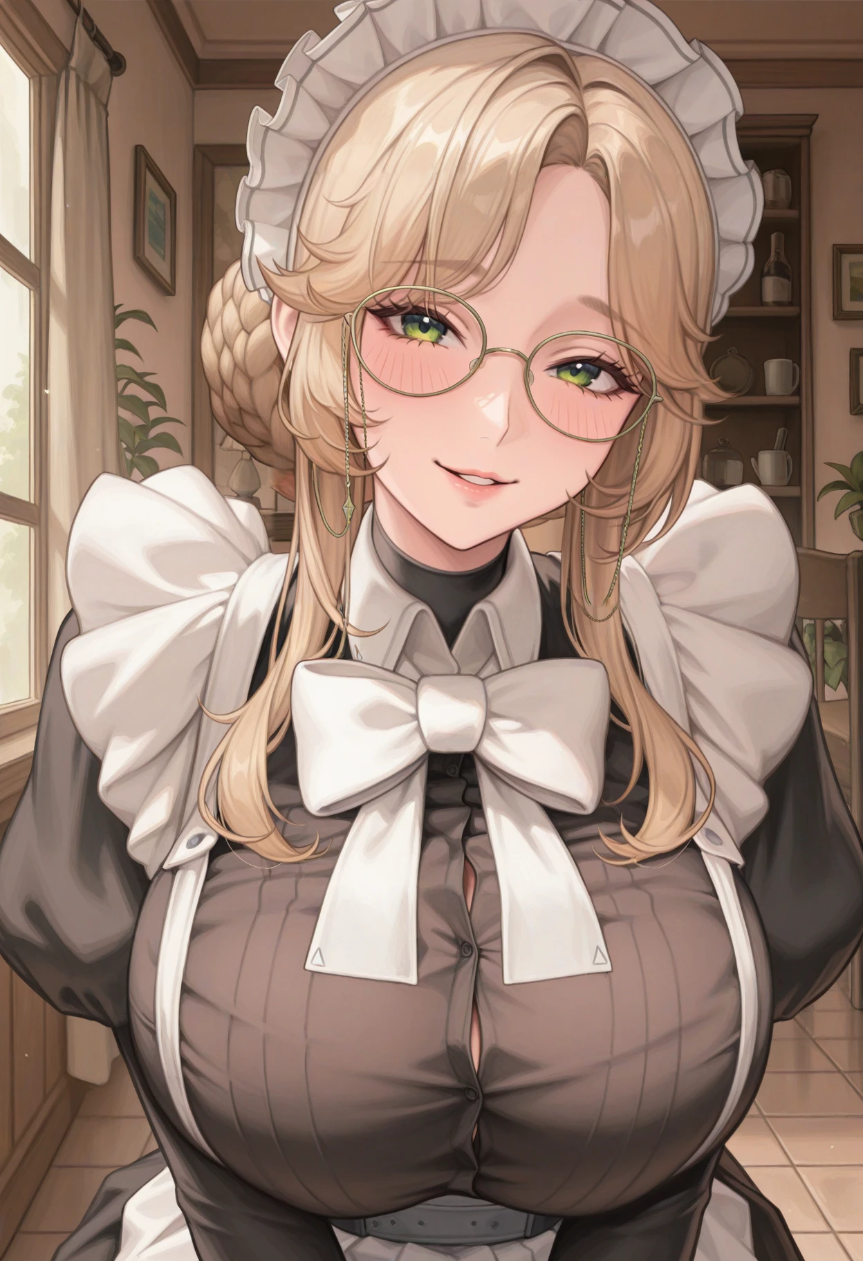 masterpiece, best quality, newest, absurdres, highres, 1girl, solo, <lora:kittew-artist-richy-v1_ixl:1>  <lora:ade-nikke-richy-v1_ixl:1> ade, green eyes, glasses, eyewear strap, blonde hair, long hair, hair bun, braid, sidelocks, maid headdress, huge breasts, white bowtie, maid, white apron, black dress, puffy sleeves, juliet sleeves, long sleeves, smile, parted lips, looking at viewer, blush, indoors, cafe