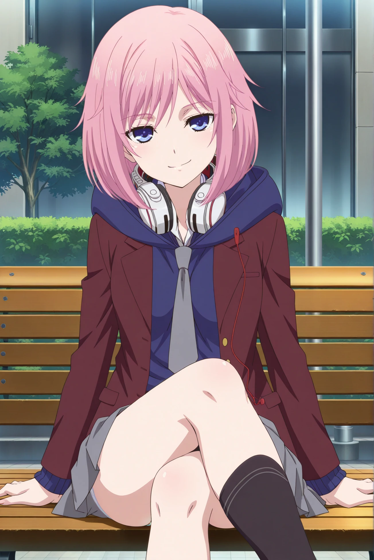 masterpiece, best quality, anime, 2d, 1girl, (slender, anime screencap, medium breasts), solo, matsuri ctrs, <lora:Matsuri-ILXL-V1:1>, anime anime screencap,
BREAK (short hair, pink hair), outdoors, headphones around neck
BREAK (school uniform, miniskirt, jacket, pleated skirt, hoodie, grey skirt, black socks:1.4),
BREAK (looking at viewer, cowboy shot, sitting on bench, crossed legs, pantyshot, white panties:1.2), (closed mouth, smirk, jitome)