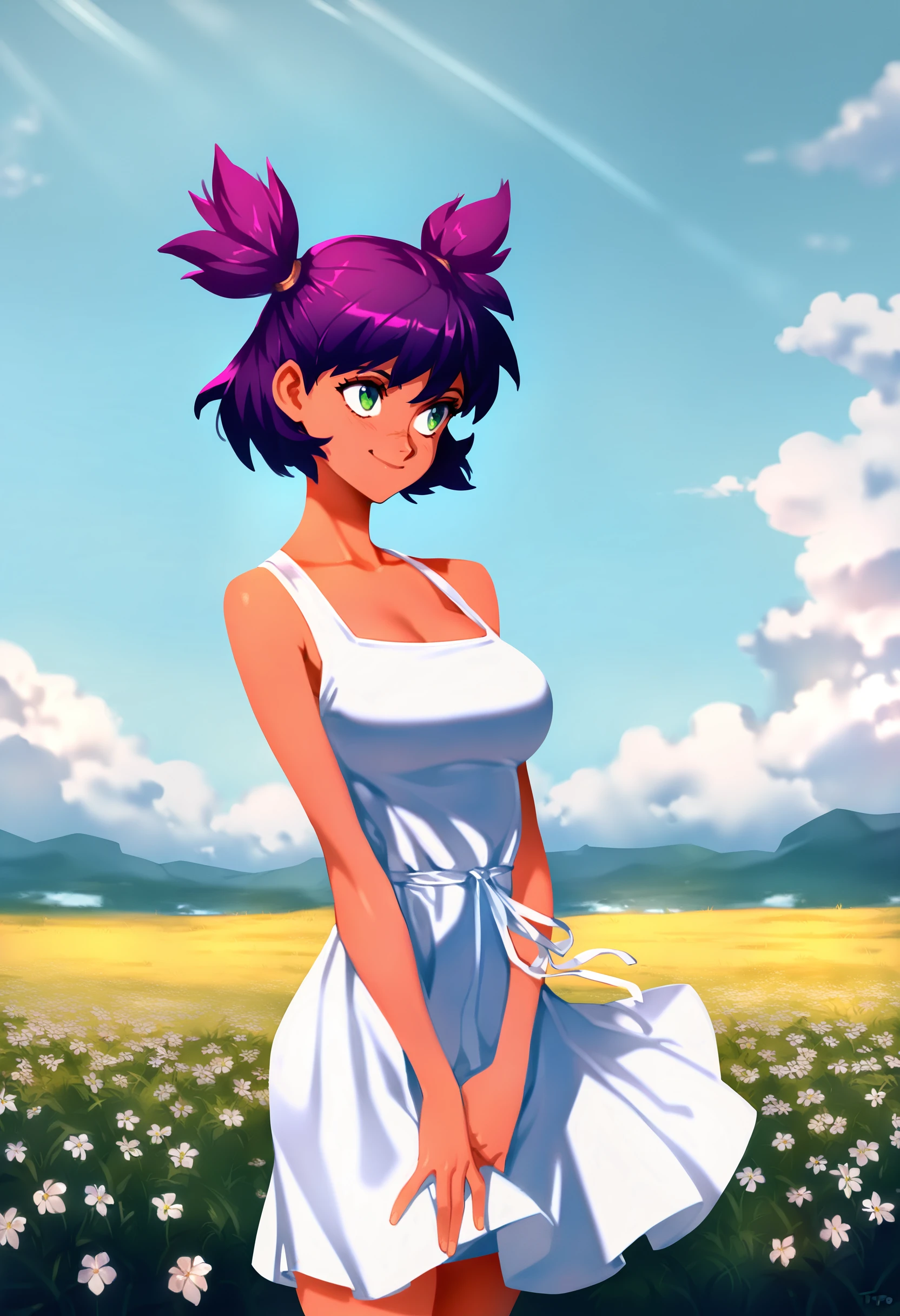 masterpiece, best quality, absurdres, color contrast, gritty, optionaltypo,
cowboy shot, 
1girl, un, short hair, purple hair, short twintails two sides up, green eyes, medium breasts,  
white summer dress,
standing, grass, wind, summer, sky, clouds, flower field, smile, sunlight, 

 