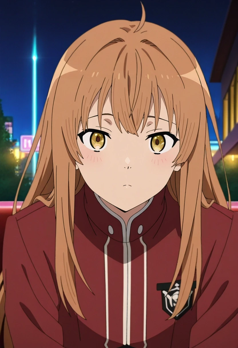 masterpiece, best quality, anime screencap, anime coloring, official style, , looking at viewer, 1boy, male focus, yellow eyes, auburn hair, long hair,, solo, neon plaza, light fountains, holo-trees, rest areas, relaxing pose, content expression, night, <lora:mushoku_tensei_style_ilxl:1>, mushoku_tensei_style,