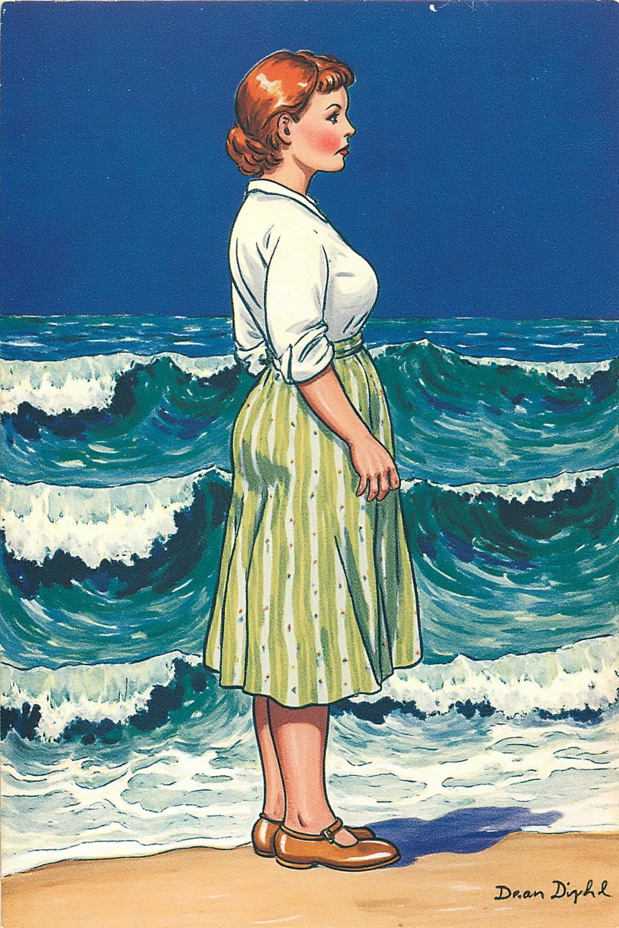 an illustration of A striking half-length portrait of a woman standing tall by the edge of a stormy ocean. Her gaze is directed toward the vast expanse of water, with waves painted in Van Gogh’s intense blues and greens crashing against the shore. Her posture radiates strength and poise, despite the chaotic, swirling energy of the ocean, reflecting a melancholic yet dignified solitude.