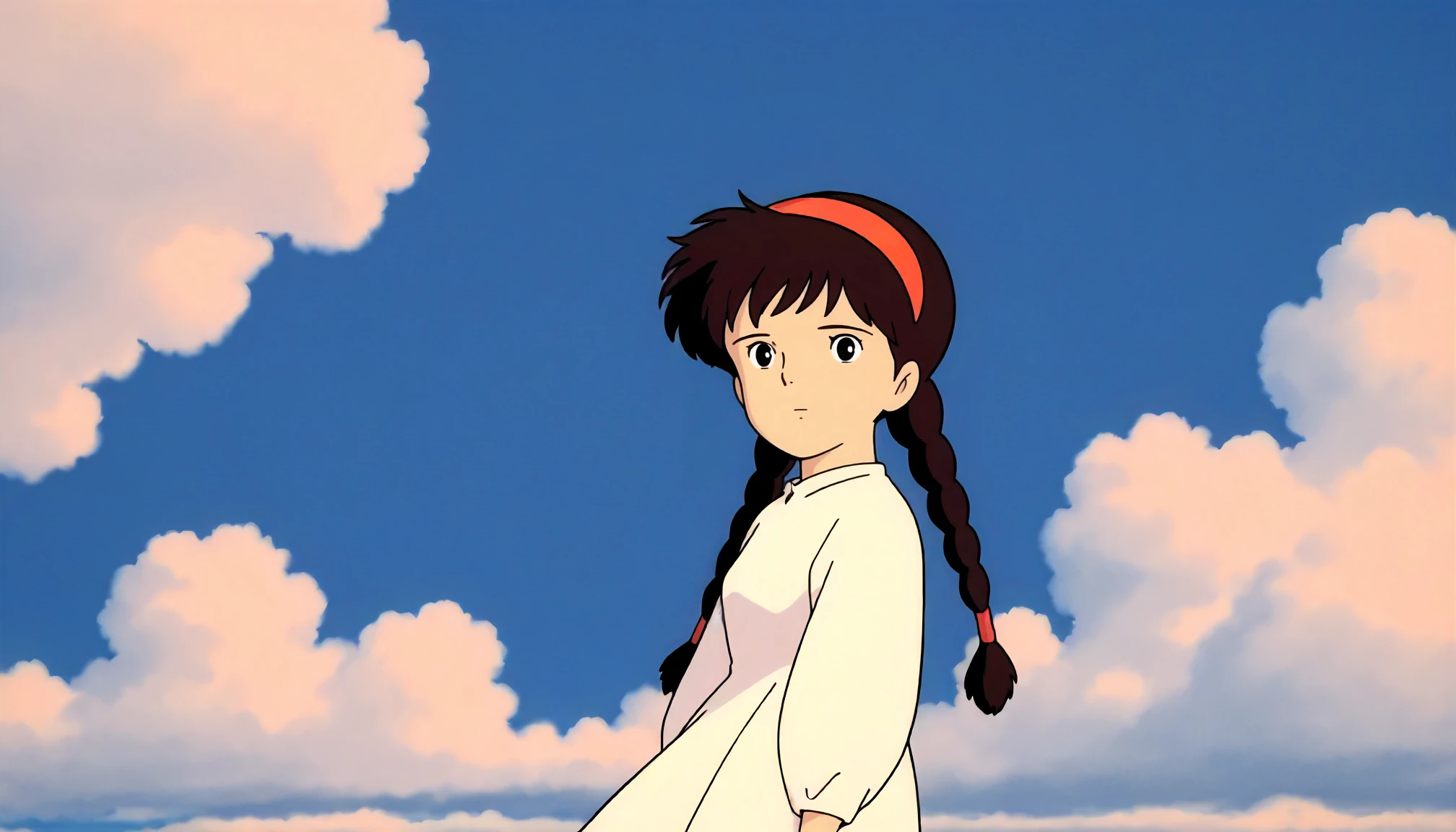 <lora:LCitS_sheetaXLIllustrious005>,
masterpiece,best quality,good quality,newest,
detailed background,blue sky,white cloud,glitter,
closed mouth,
looking at viewer,
solo,
ghibli,anime coloring,retro artstyle,1990s \(style\),
sheeta\(tenkuu_no_shiro_laputa\),1girl,black brown hair,hairband,twin braids,black eyes,
white long dress,long_sleeves,
standing,
