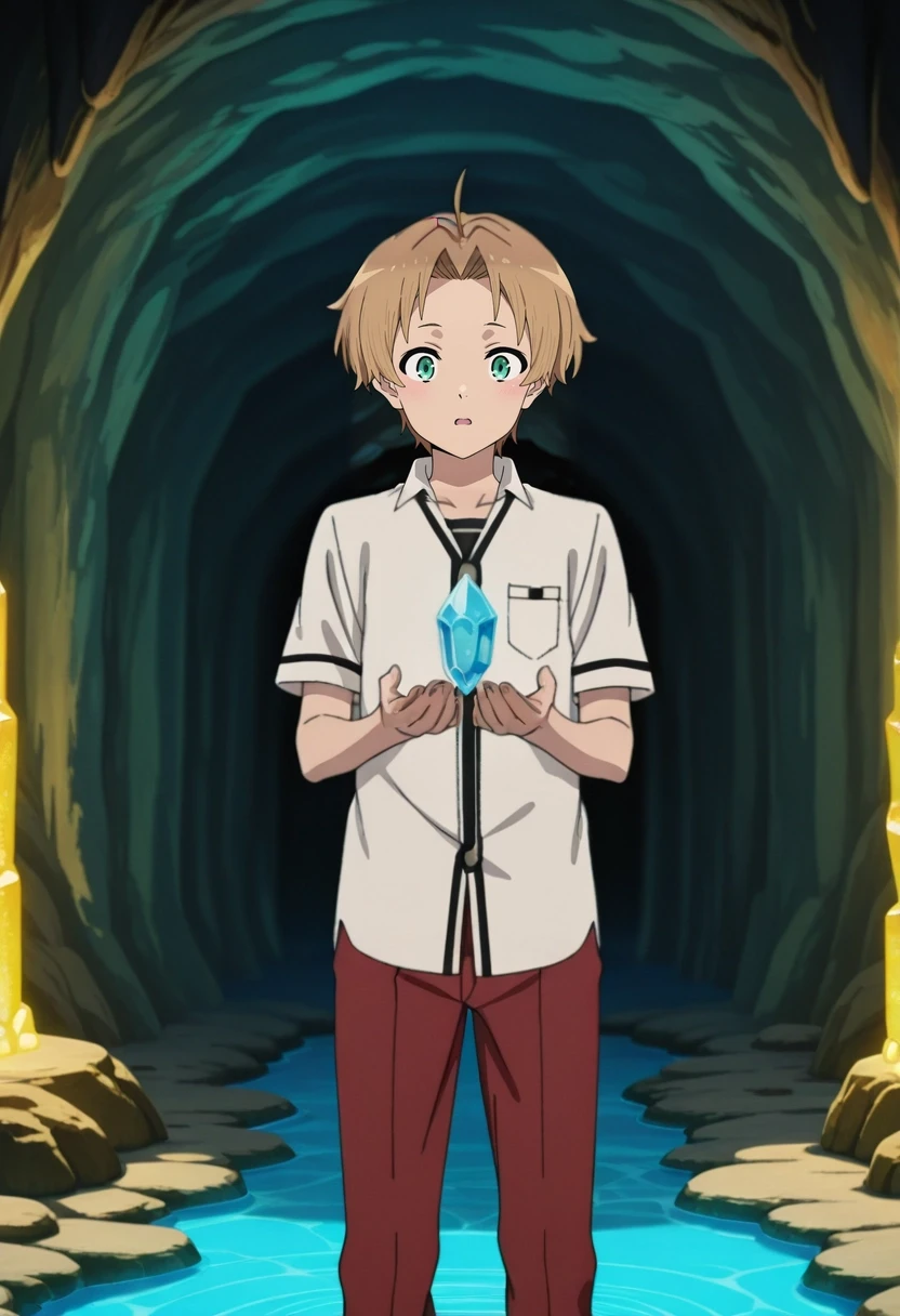 masterpiece, best quality, anime screencap, anime coloring, official style, , , 1boy, male focus, teal eyes, ash brown hair, mid-fade, Leopard print Golf pants, Button-down shirt, , ,, solo, crystal cave, glowing minerals, underground pool, rock formations, touching crystal, amazed expression, cave lighting, <lora:mushoku_tensei_style_ilxl:1>, mushoku_tensei_style,