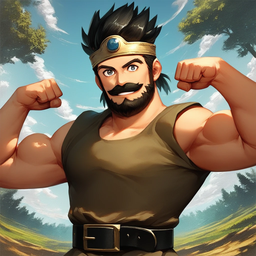 score_9, score_8_up, OrtegaDQ, black hair, short hair, gray eyes, beard, mustache, circlet, dark-brown tunic, black belt, looking at viewer, smile, dynamic pose, detailed background, flexing, dutch angle, forest, blue sky, clouds, upper body,