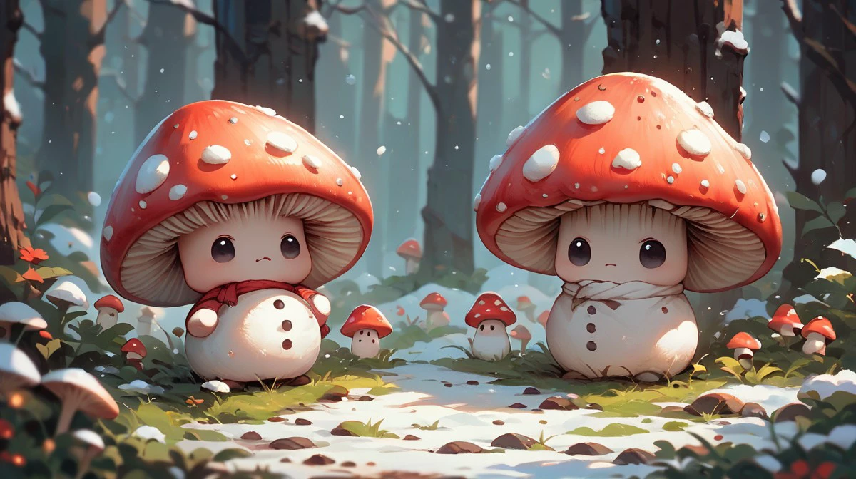score_9, score_8_up, score_7_up, score_6_up,cute mushroom, red cap covered in white spot, many cute mushrooms serious, angry, chibi,black eyes, snow, snowman,grass, <lora:cute_mushroom:1>