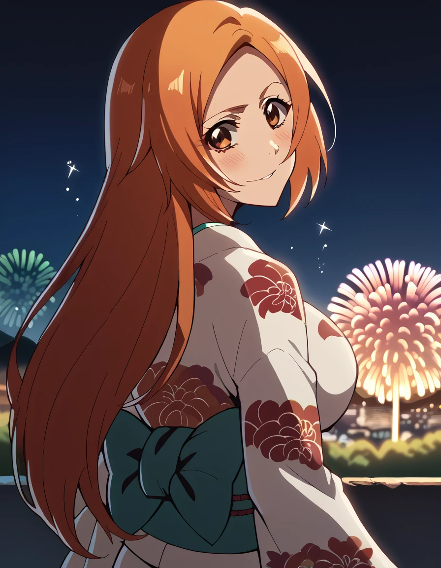 score_9, score_8_up, score_7_up, source_anime, <lora:inoue-orihime-tybw-ponyxl-lora-nochekaiser:1>, inoue orihime, long hair, orange hair, brown eyes, large breasts,, <lora:aerial-fireworks-ponyxl-lora-nochekaiser:1>, aerial fireworks, blurry background, blush, smile, fireworks, from behind, looking at viewer, looking back, night, night sky, outdoors, sparkle,, japanese clothes, kimono, new year, obi, obiage, obijime, sash, wide sleeves, floral print, <lora:shaft-look-ponyxl-lora-nochekaiser:1>, shaft look, looking back, from behind, head tilt,, cowboy shot, solo, cityscape, mountainous horizon, night, outdoors,